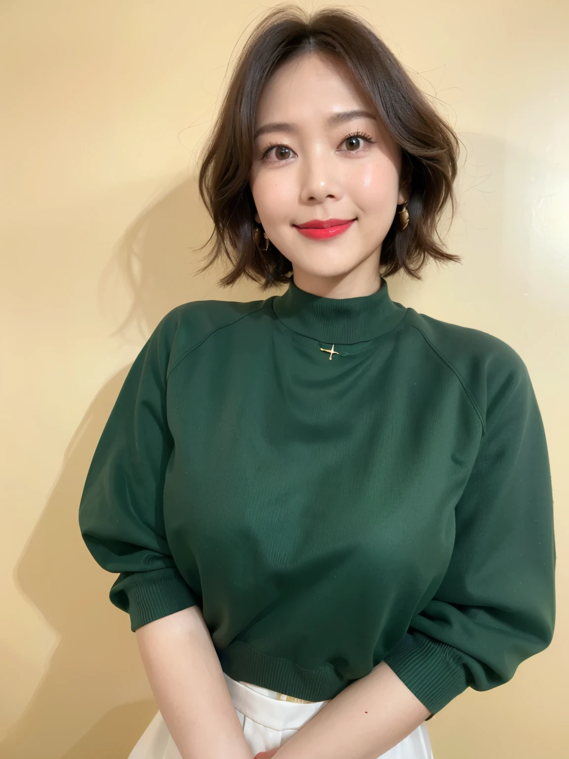 (highest quality, 8k, 32k, masterpiece, Ultra-high resolution:1.2),Beautiful Japanese Women Photos, (D cup breasts),(Standard body shape)、Short black hair、Bob Hair,(Green Sweater:1.6), necklace, Simple Background, smile、Red lipstick, View your viewers,