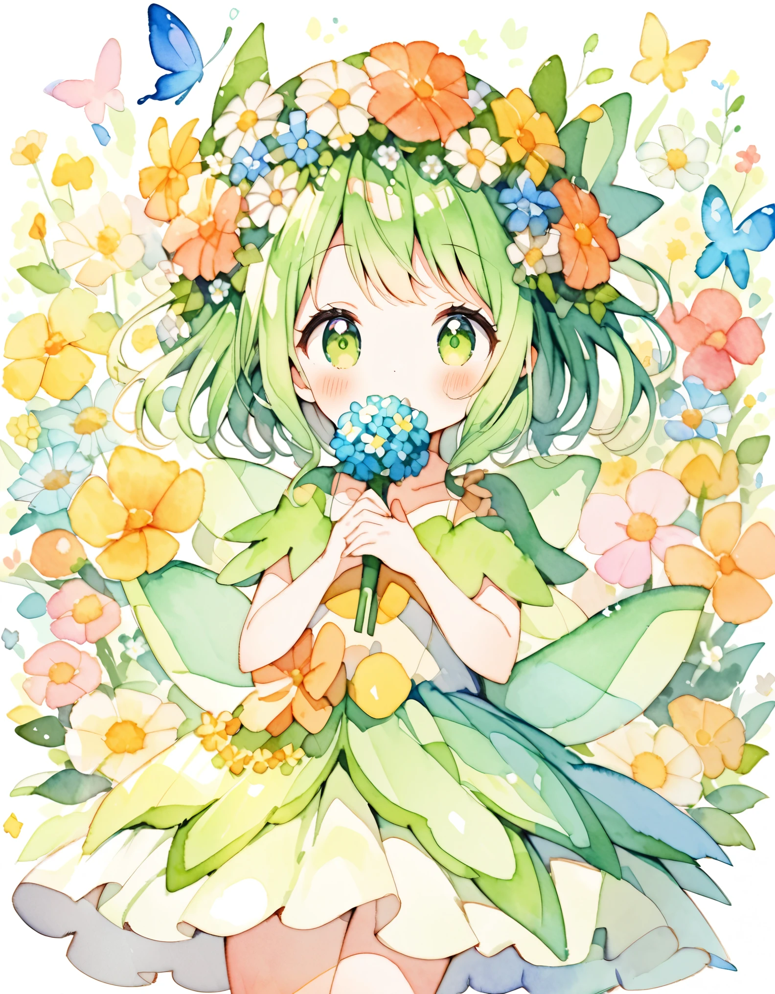 Beautiful girl in a fairy costume, She becomes an idol and sings surrounded by flowers and butterflies.. ((Holding a flower microphone)), sing, content:Watercolor. style:Whimsical and delicate, Like an illustration in a children's book.