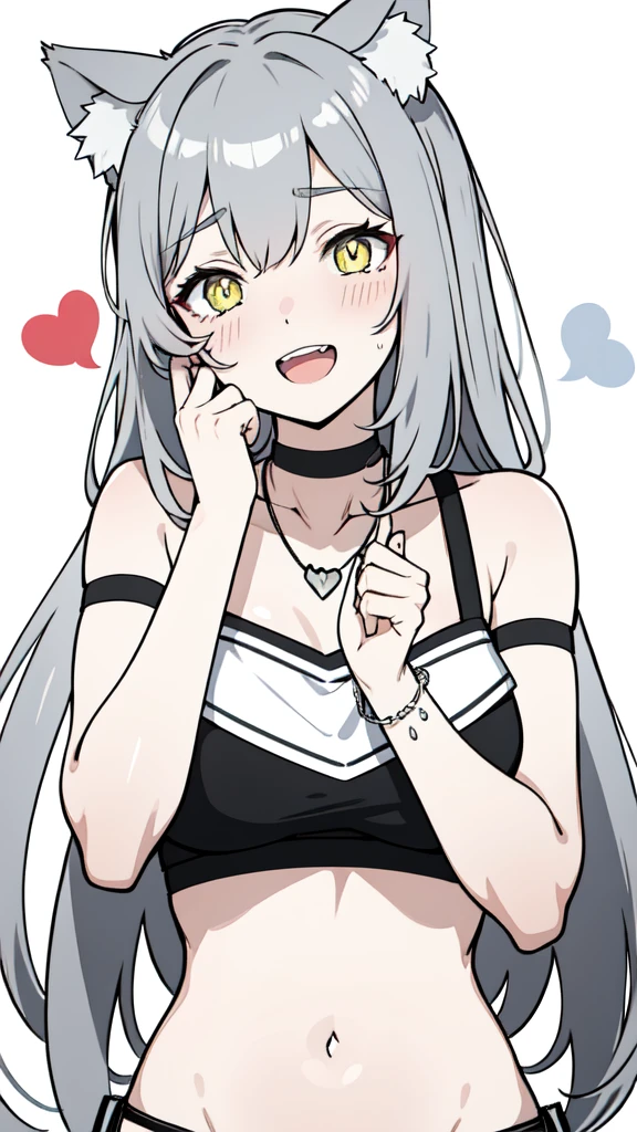1 Catgirl, heart-shaped pupils,nails,hands on your own face, gray hair, Gray cat ears, YellowGreen eyes, medium breast, open shoulders, cat ears are fully visible in the frame, cat teeth, open mouth, (blush: 1,1),necklace,upper body, shiver, sweat, droplets of sweat, heart, (pronounced lines: 1,1),medium breast, ((labored breathing:1,3)), Love, heart, crop top, Happiness, smile