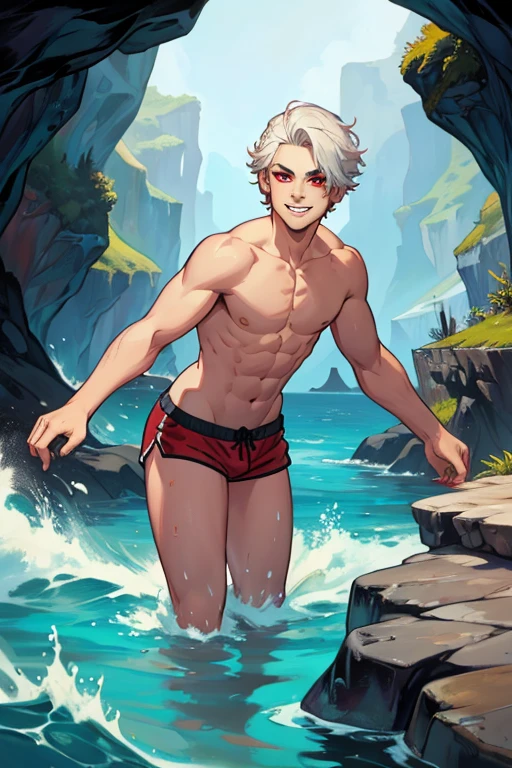 A young white haired man with red eyes in a swim trunks is exploring a sea cave with a crooked grin
