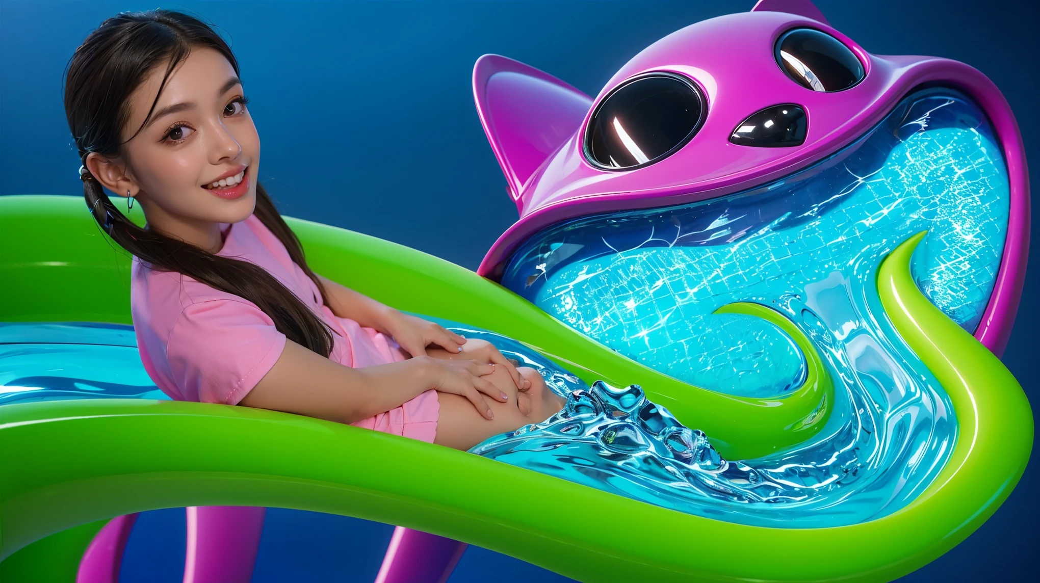 Purple creature with black eyes and a smile and a pool in its mouth deep children's water pool filled with beautiful water with waves. The image depicts a close-up of a large, metallic spider-like robot with six legs and a body that resembles a combine harvester. It stands on a blue floor and is facing a red wall.cartoon key frame rendering, cute 3D rendering, Shiny metallic, zbrush color rendering. perfect cgi, cgi art created only with gradients, smooth silhouette, high intensity refraction, (plastic material), most beautiful vfx, blue background, plastic refractions, glossy texture, smooth 3d model, multiple light sources, rim light, sharp post effects render, (glossy plastic texture with multiple big light probe refractions), perfect cgi, cgi art created only with gradients, smooth silhouette, high intensity refraction, (plastic material), most beautiful vfx, blue background, plastic refractions