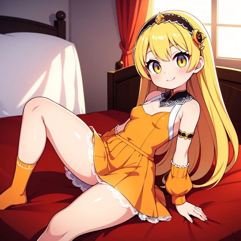 (highest quality:1.2, Very detailed, up to date, Vibrant, Ultra-high resolution, High Contrast, masterpiece:1.2, highest quality, Best aesthetics), Overall view,(Small face), (Very detailedな肌:1.2), One Girl, (blonde, Semi-long hair, Amber Eyes), (Slim figure:1.4, Women with slim bodies and small breasts), Beautiful Eyes, Glossy Lips, Glowing Skin,Captivating thighs,Orange knee-high socks, ((smile)),Yellow Mini Dress,Orange Skirt,Lace veil,Hands outstretched out here,Bedroom,On the bed