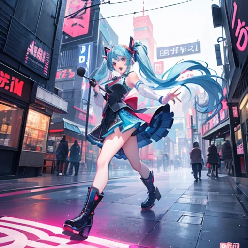 (best quality,4k,8k,highres,masterpiece:1.2),ultra-detailed,(realistic,photorealistic,photo-realistic:1.37),1girl,beautiful detailed eyes,beautiful detailed lips,extremely detailed eyes and face,long eyelashes,hatsune miku,open mouth,blue eyes,red hair ribbons,long blue pigtails,blue tie,short black skirt,singing,holding microphone,grey vest,walking through japan,neon lights,blue boots,city lights,night view,shining streets,energetic atmosphere,colorful buildings,modern metropolis,vibrant culture,traditional architectures,cosplay culture,lively crowd,bustling streets,dynamic cityscape,colorful signs,artistic city,high-tech city,innovative architecture,urban beauty,technological advancements,creative energy,anime-inspired scene,harmonious blend of tradition and modernity,neon-lit pathways,exciting nightlife,aesthetic visuals,mesmerizing atmosphere,upbeat melodies,joyful expressions,dynamic poses,positive vibes.