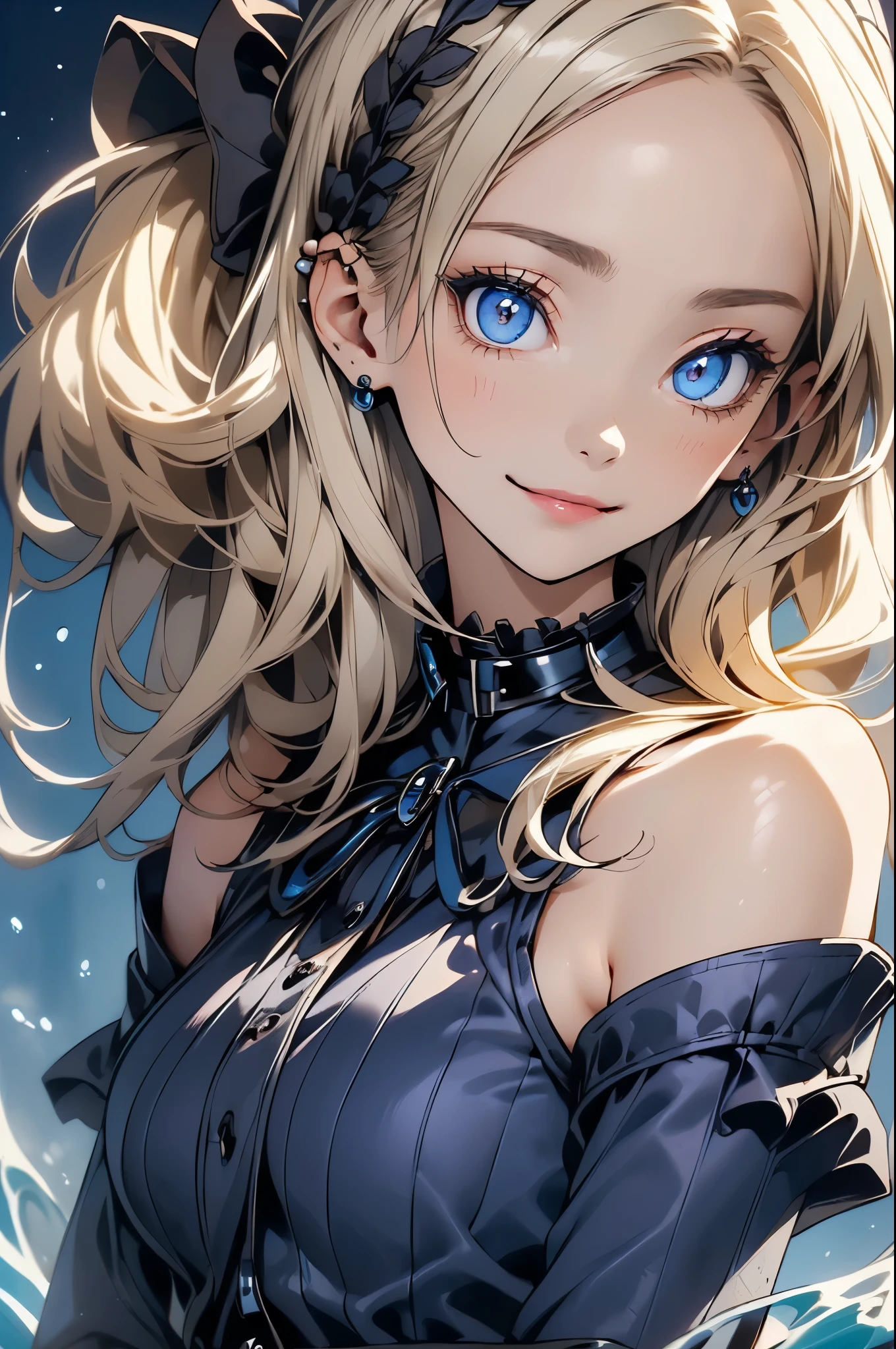 ((Biologically correct limb count))、(( Illustrations including faces))、4K、Masterpiece、((Focus on the face))、((Symmetrical, well-proportioned facial features))、Eyes with delicate depictions、Beautiful woman、Outstanding style、Slender Body、((blue gothic dress、Gothic ta)、High heels)、In the water at night、((Upper body close-up))、smile、Shy