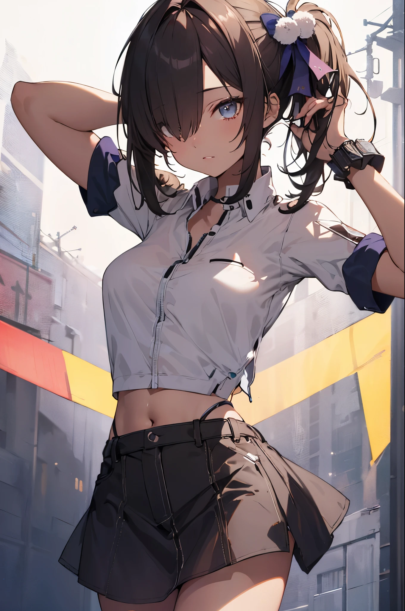 jelonaga,(tan:1.3),side ponytail,shirt,mini skirt,(upper body),masterpiece,Noise Reduction,perfect anatomy,high resolution, ultra-detailed,game cg,dutch angle ,beautiful detailed eyes,visualart,five fingers, perfect hands, perfect lighting,