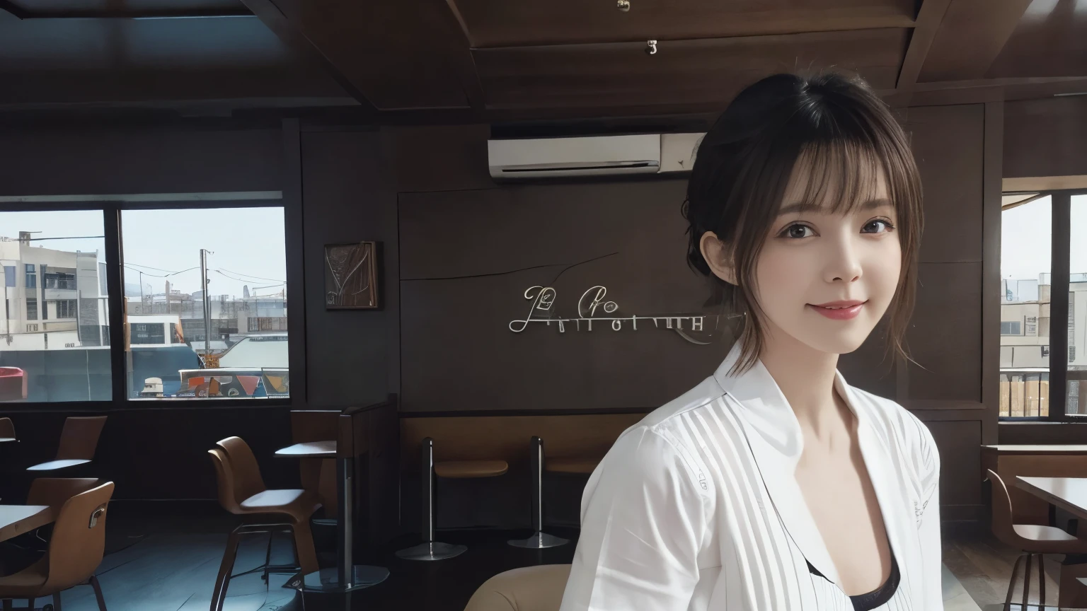 super high quality, Short Hair, Slender, Gravure photoshoot, The staff is working at the counter in the back., (8k、RAW Photos、highest quality、masterpiece:1.2), Japanese Idol, Stylish café, The cafe is crowded with people enjoying themselves., (Realistic、Photorealistic:1.37), Mesh Hair, Urban Cafe, Golden Ratio, Raw photo, Cute face , Light Brown Hair, Small breasts, Bright cafe interior, Blurred Background, Beauty salon model, Spring Clothes, Curly Hair, Beautiful hairstyle, Spoiled, Cafe Terrace, Open Cafe, Smile, Hair blowing in the wind, Neat clothes, 18-year-old, younger sister, 

