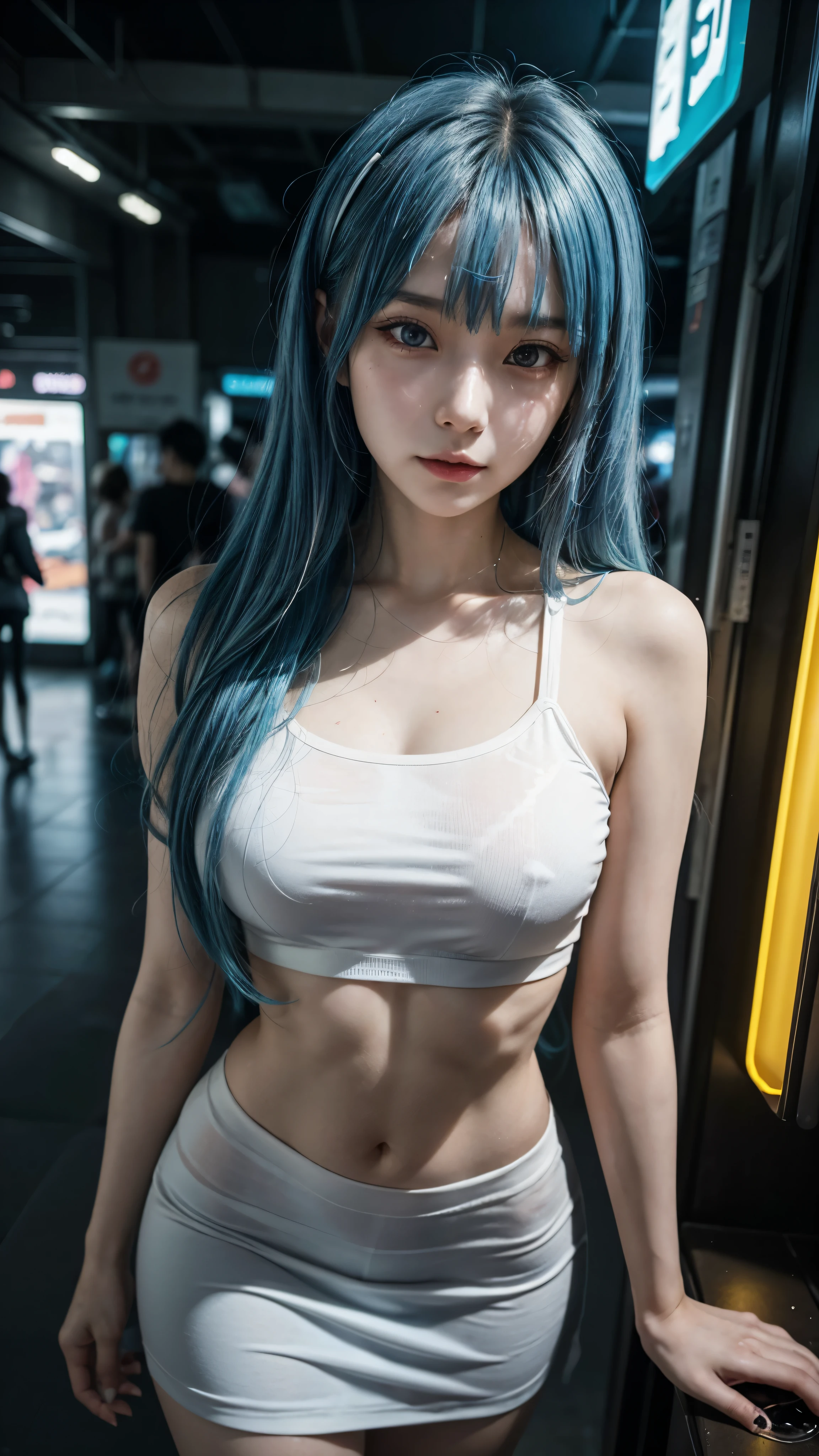 there is a woman with a blue hair and a white top, anime girl cosplay, inspired by Leng Mei, photo of slim girl model, anime girl in real life, seductive anime girl, cyberpunk 2 0 y. o model girl, chinese girl, female cyberpunk anime girl, photo of slim girl, beautiful cyberpunk woman model, anime cosplay, cosplay photo, cosplay