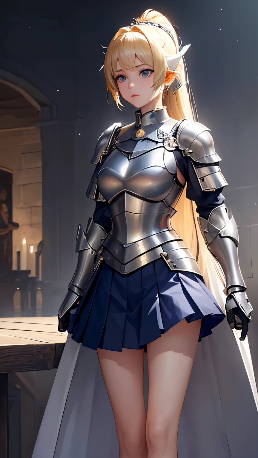 Bright expression、ponytail、young, Shine, 白くShine肌、Best Look、Blonde reflection、Platinum blonde hair with dazzling highlights、Shiny bright hair,、Super long silk straight hair、Shine美しい前髪、Shine透明な魅力的な大きな青い目、so beautiful, Dashing, Cute 16 year old girl、Ample breasts,Beautiful fine details, Beautifully detailed nose,(( whole body:1.25)),Makeup emphasizes the eyes、((Pleated skirt:1.3)),(A woman like Joan of Arc:1.3)、(armor:1.3)、knighthood, (Equipped with sword and shield:1.2),Royal Style,Comic book style, , Scattered beneath the surface, Stunning details, Natural background, Surreal, movie, Dramatic lighting, Tabletop、(ornamental armor)、(Wear an aura:1.5)、Circlet、((Princess Night))、Frilled、