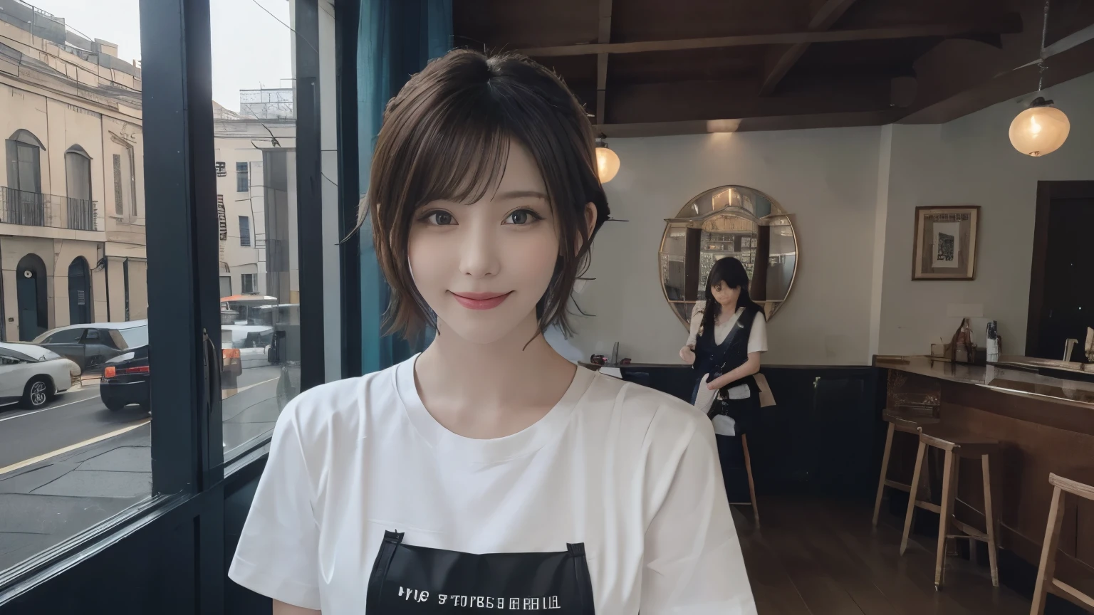 super high quality, Short Hair, Slender, Gravure photoshoot, The staff is working at the counter in the back., (8k、RAW Photos、highest quality、masterpiece:1.2), Japanese Idol, Stylish café, The cafe is crowded with people enjoying themselves., (Realistic、Photorealistic:1.37), Mesh Hair, Urban Cafe, Golden Ratio, Raw photo, Cute face , Light Brown Hair, Small breasts, Bright cafe interior, Blurred Background, Beauty salon model, Spring Clothes, Curly Hair, Beautiful hairstyle, Spoiled, Cafe Terrace, Open Cafe, Smile, Hair blowing in the wind, Neat clothes, T-Shirts, 18-year-old, younger sister, 
