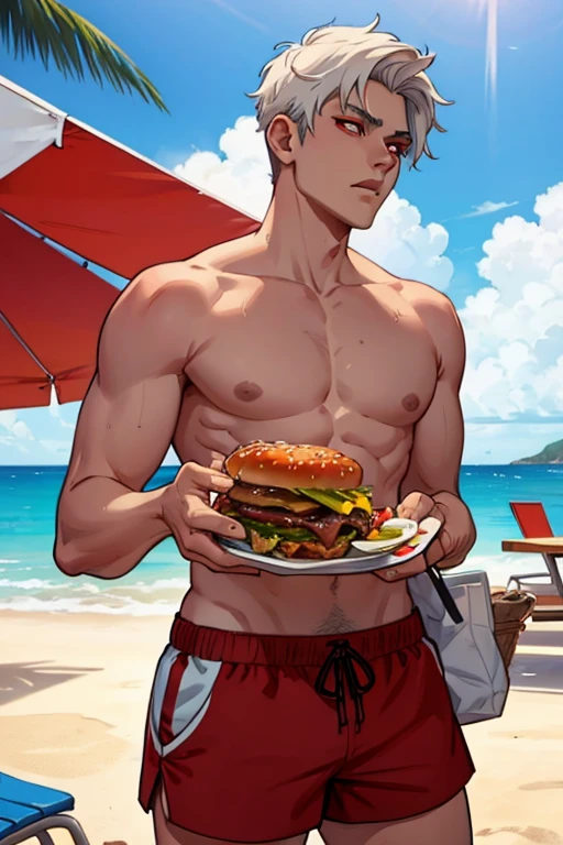 A young white haired man with red eyes in a swim trunks is eating burgers at the beach