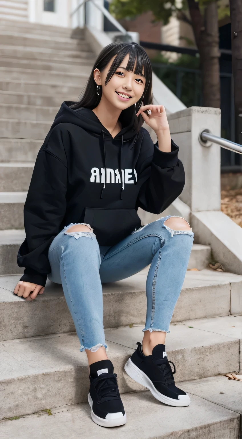 highest quality, Realistic, Very detailed, Finer details, High resolution, 8k wallpaper, One beautiful woman,Sit on the stairs、（Wear black socks）smile、（Beautiful teeth alignment、）（Gums are visible） Oversized hoodie, Skinny jeans,（ Black sneakers）、Black Hair、 Beautiful Bangs、ear piercing、Perfect dynamic composition, Beautiful and detailed, Full Body Shot, A big smile

