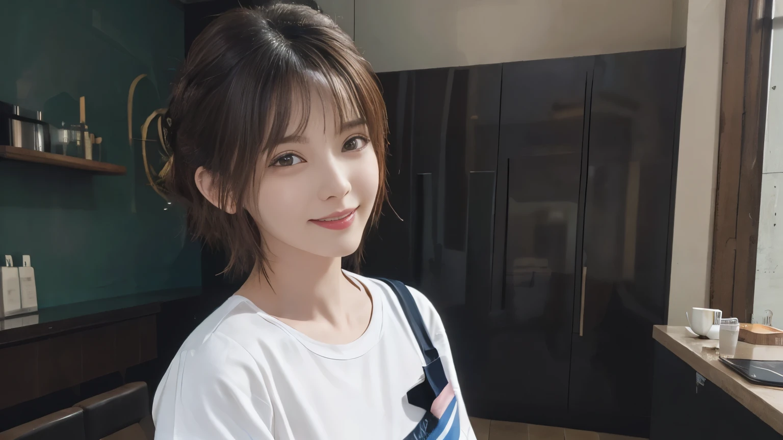 super high quality, Short Hair, Slender, Gravure photoshoot, The staff is working at the counter in the back., (8k、RAW Photos、highest quality、masterpiece:1.2), Japanese Idol, Stylish café, The cafe is crowded with people enjoying themselves., (Realistic、Photorealistic:1.37), Mesh Hair, Urban Cafe, Golden Ratio, Raw photo, Cute face , Light Brown Hair, Small breasts, Bright cafe interior, Blurred Background, Beauty salon model, Spring Clothes, Curly Hair, Beautiful hairstyle, Spoiled, Cafe Terrace, Open Cafe, Smile, Hair blowing in the wind, Neat clothes, T-Shirts, 18-year-old, younger sister,