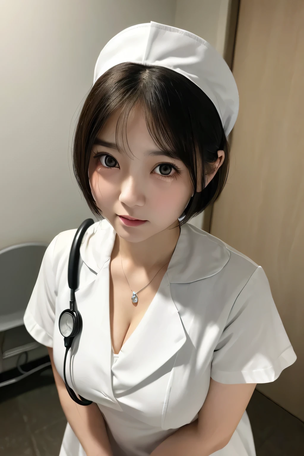 (1 Girl)、(Beautiful Japanese、18years old,round face、Refreshing、clear、seems kind、stylish、Pitiful、cute like an angel、cute、black eyes、,actress,Almond-shaped eyes,Translucent white skin、Beautiful skin), Good style , (Beautiful big breasts:1.2),(soft breasts),(very cute),(Black hair),(short bob hair),(enchanting eyes),(highlight on eyes:1.2)、(8K、Live shooting、highest quality、masterpiece:1.2、optimal lighting)、((masterpiece)),(Photo taken by a professional photographer),(real、photo real:1.4),break,{ (White nurse costume),(((taraditional nurse uniform))),,{(White nurse tight pants)},(cleavage:1.2)},( jumpy:1.4),(tears:1.4))(cheeks are red:1.2), break, break,(((Old abandoned hospital))),Face shot:1.3、Night ,(Hospital room at night)、Looking at viewer:1.6, face close-up,Looking up、Are standing、(((There is a ghost behind)))