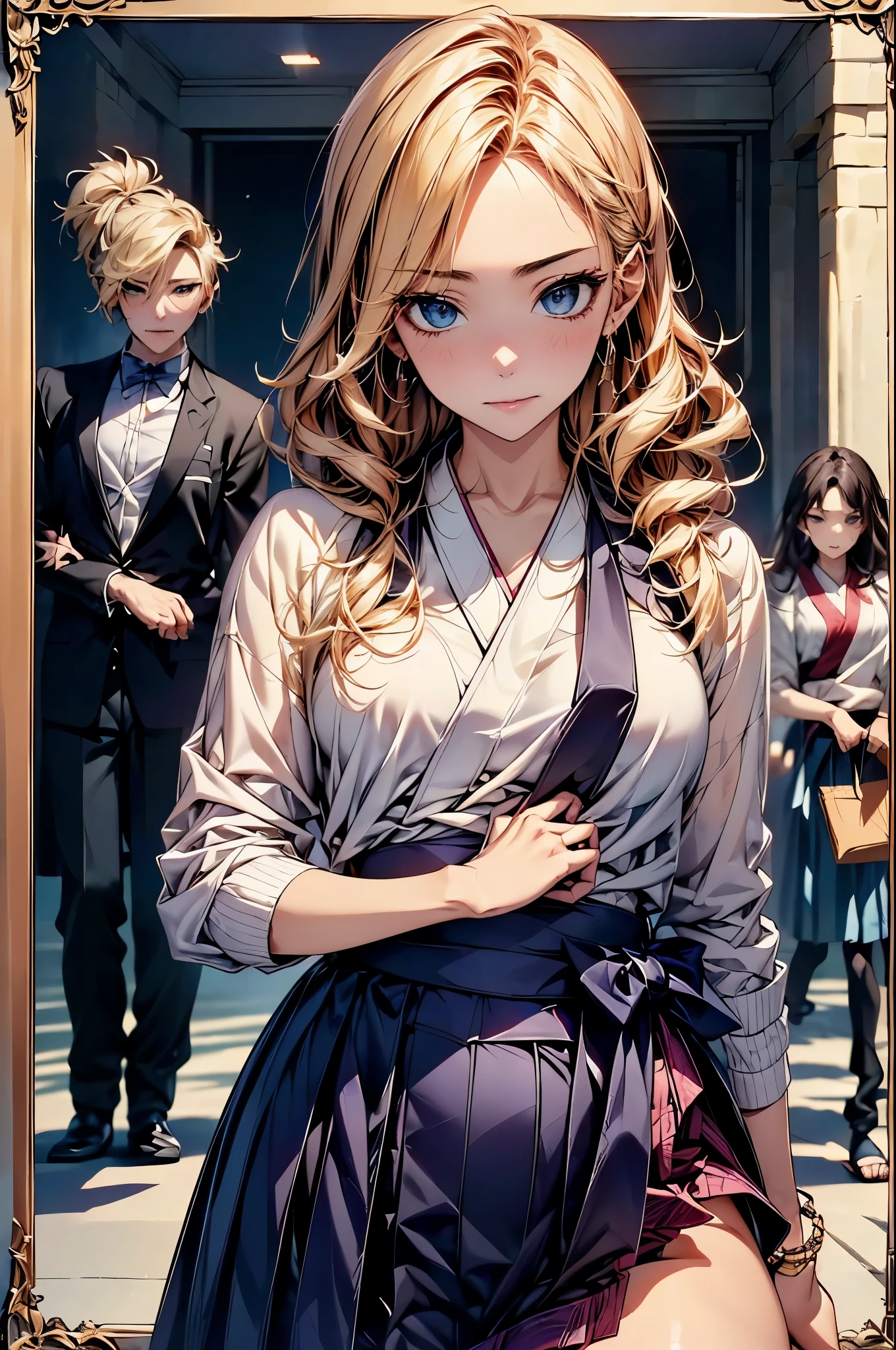 ((Biologically correct limb count))、(( whole body including face))、4K、Masterpiece、((Focus on the face))、((Symmetrical, well-proportioned facial features))、Eyes with delicate depictions、(((1 person)))、Beautiful woman、Outstanding style、Slender Body、(High heels with anklets)、(((Haori、Hakama)))、(((White frame photo)))、((Looking up))、(((Iaido stance)))、High angle、(Shy）、Upper body close-up、