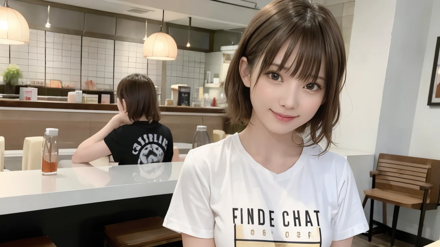 super high quality, Short Hair, Slender, Gravure photoshoot, The staff is working at the counter in the back., (8k、RAW Photos、highest quality、masterpiece:1.2), Japanese Idol, Stylish café, The cafe is crowded with people enjoying themselves., (Realistic、Photorealistic:1.37), Mesh Hair, Urban Cafe, Golden Ratio, Raw photo, Cute face , Light Brown Hair, Small breasts, Bright cafe interior, Blurred Background, Beauty salon model, Spring Clothes, Curly Hair, Beautiful hairstyle, Spoiled, Cafe Terrace, Open Cafe, Smile, Hair blowing in the wind, Neat clothes, T-Shirts, 18-year-old, younger sister,