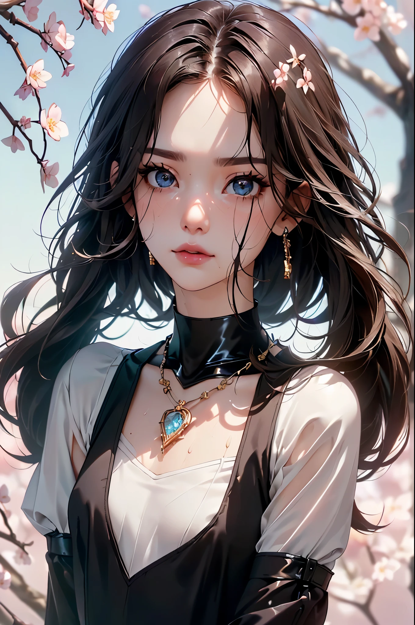 ((Biologically correct limb count))、((Full Body Shot, Full-body photo including face、Head to toe photos))、4K、masterpiece、((Focus on the face))、((Symmetrical facial features))、Eyes of meticulous depiction、Beautiful woman、Excellent style、Beautiful feet、(Black Stockings、High heels with anklets)、Facial detailing、Small earrings、necklace、((Close-up photo of the upper body))、(Latex shirts、Latex skirt)、Morning park scenery during cherry blossom season、(( Sweating profusely))、Low - Angle、(Shy)、
