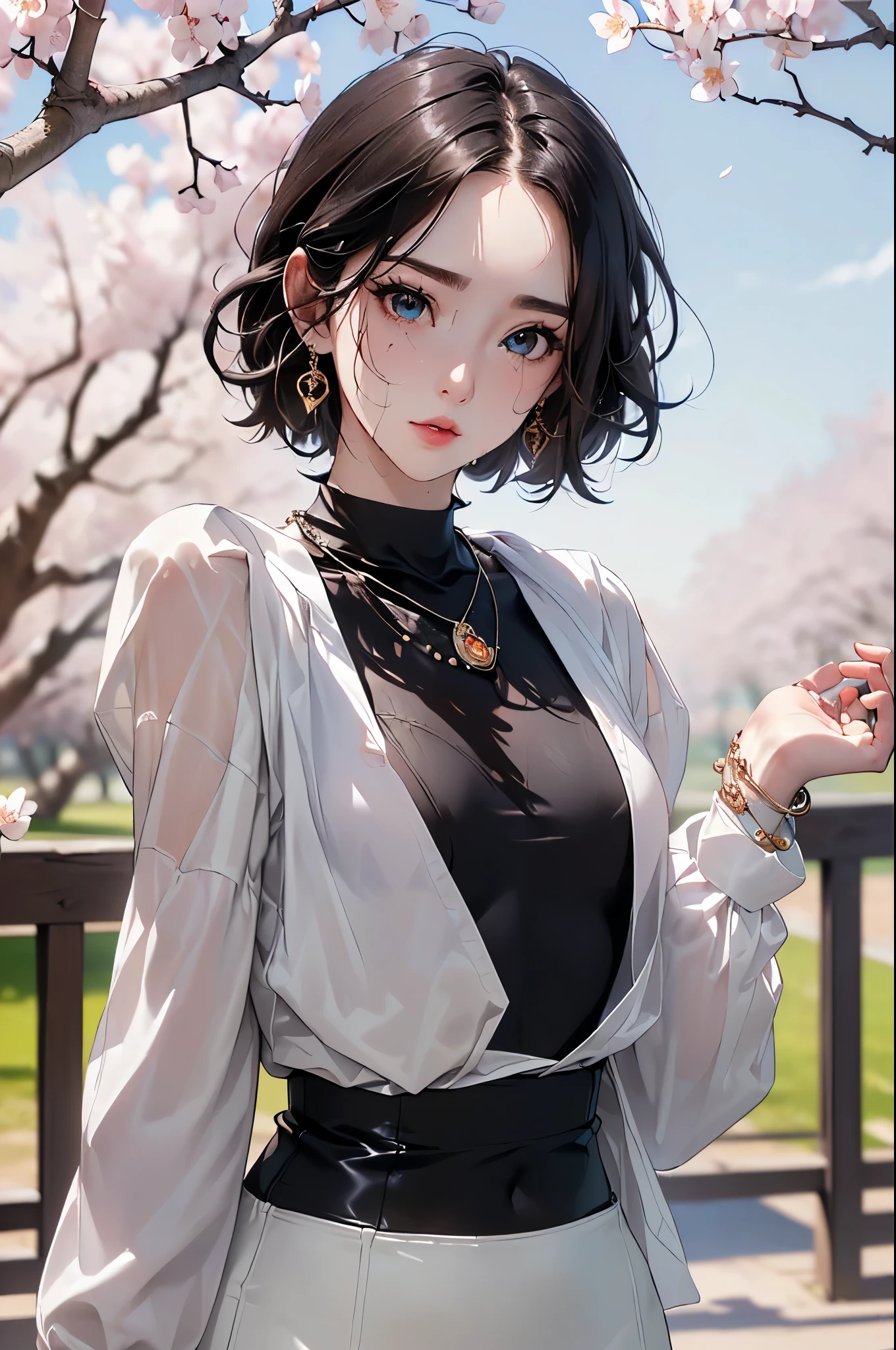((Biologically correct limb count))、((Full Body Shot, Full-body photo including face、Head to toe photos))、4K、masterpiece、((Focus on the face))、((Symmetrical facial features))、Eyes of meticulous depiction、Beautiful woman、Excellent style、Beautiful feet、(Black Stockings、High heels with anklets）、Facial detailing、Small earrings、necklace、((Close-up photo of the upper body))、(Latex shirts、Latex skirt）、Morning park scenery during cherry blossom season、(( Sweating profusely))、Low - Angle、(Shy)、