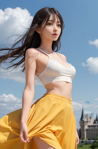 a lot of details, (slender waist), 30 years old, detailed black hair, beautiful detailed hair, super fucking beautiful, complex details beautiful and delicate eyes, perfect hands, (small breasts best quality), perfect and delicate limbs, detailed skin, best quality, ultra-detailed,
(A very delicate and beautiful girl is flying in the sky. She has a very delicate and beautiful face:1.2), (full body:1.2), from below, posing, long hair floating everywhere, happy, (yellow shirt:1.1), (red high low skirt:1.1), beautiful blue sky and white clouds, (The castles are on the clouds:1.3),