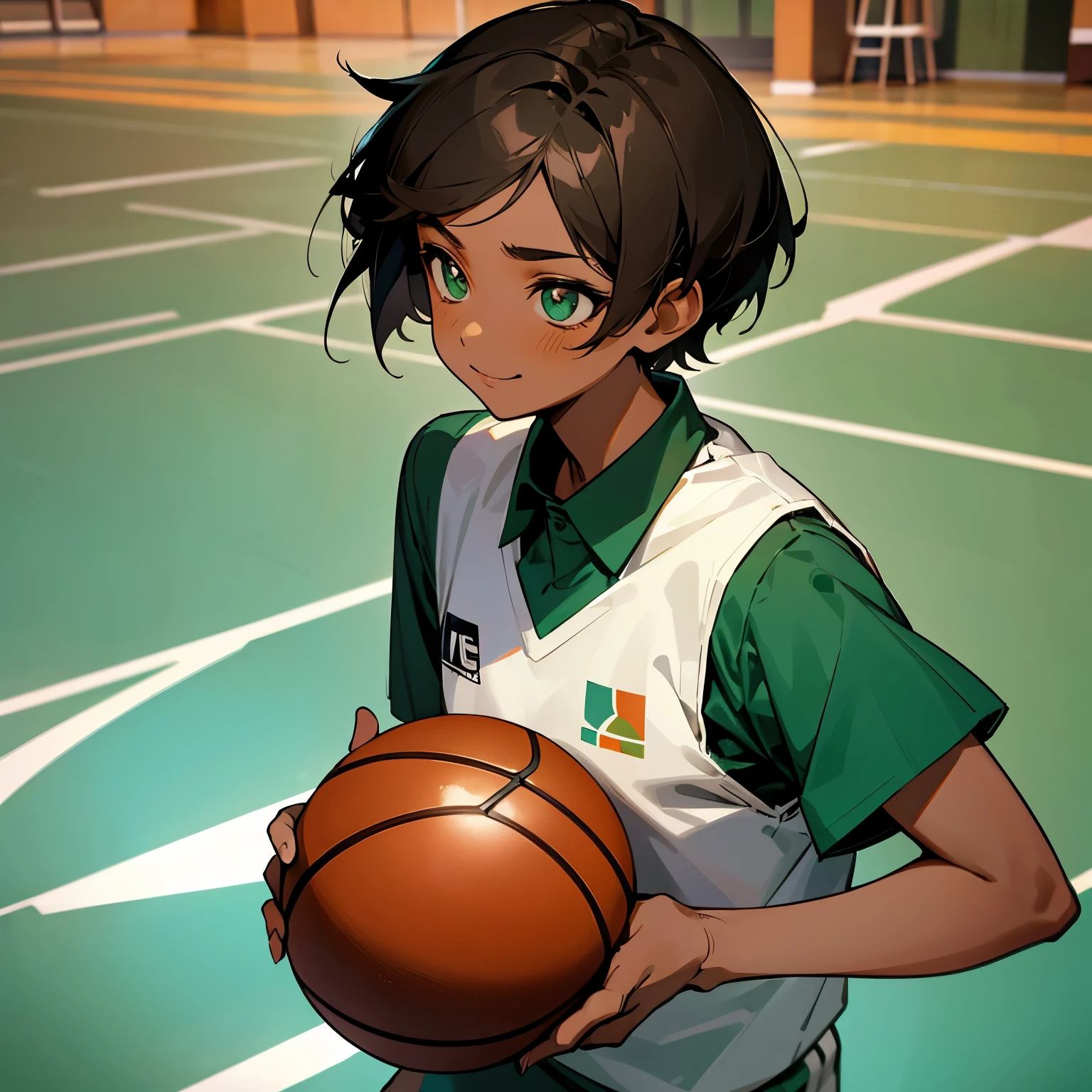 Indonesian high school girl. Brown skin. Short hair like a man's, dark green. Her eyes are brown. Pretty but manly too. Wear Basketball shirt. Smiles a little