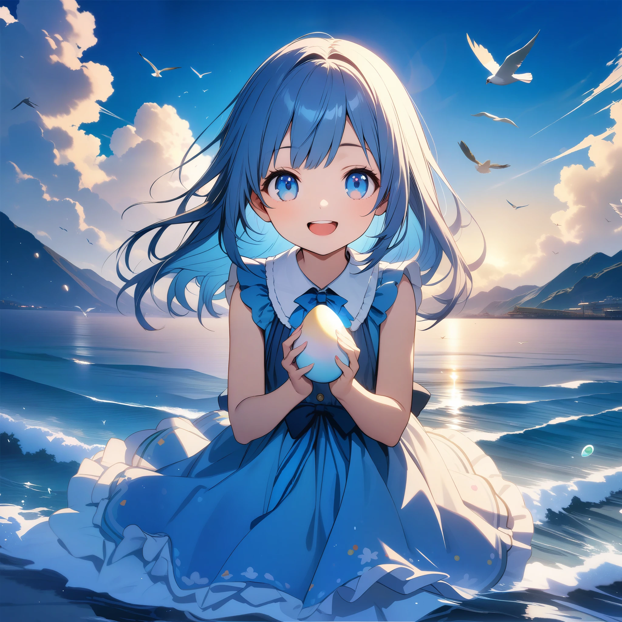32k, best quality, ultra high res, HDR, UHD, extremely detailed CG, unity 32k wallpaper, A world full of eggs, 16 years old, Holding a rainbow-colored egg in both hands, Very cute girl, Blue Hair, blue eyes, A beautiful and cute blue dress, from the front, A very beautiful sea background, Standing on the water, Particles that glow blue, bird, cloud, Egg with wings, Close your mouth and smile happily,
