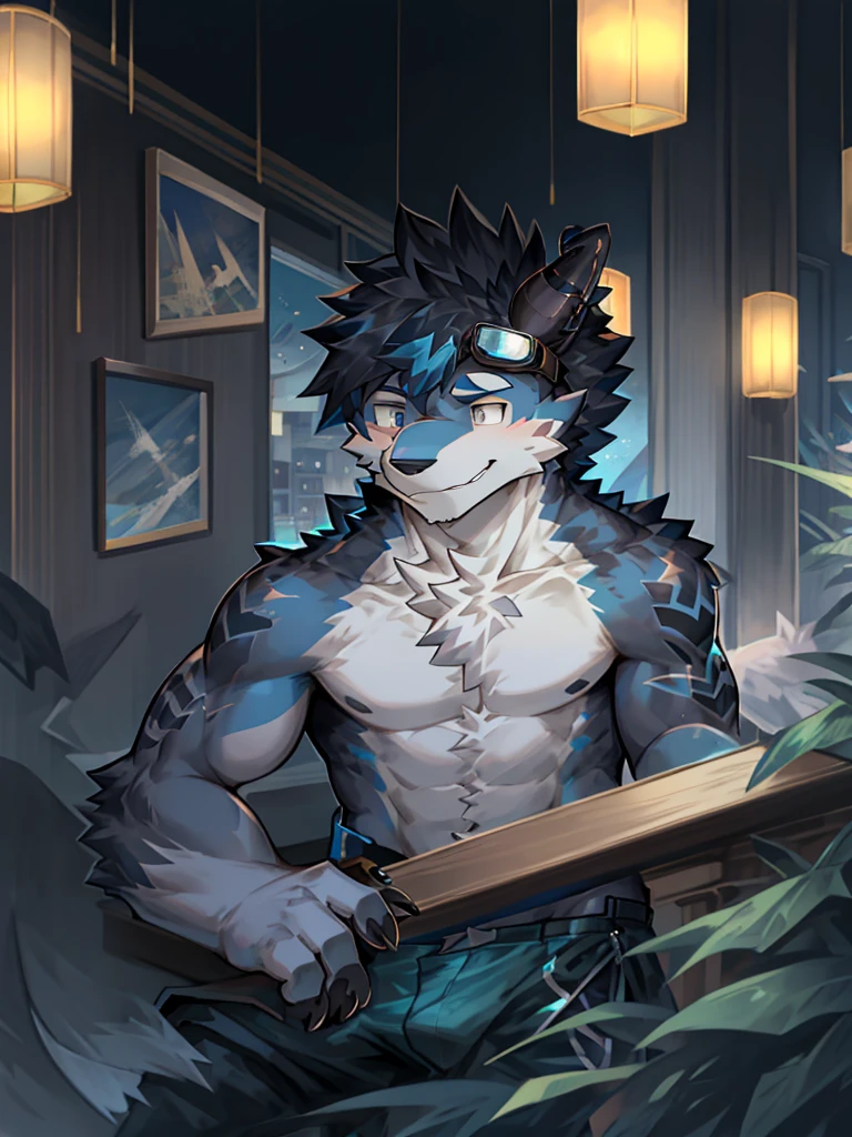 Chinese dragon boy,Gray fur,Topless, mammal, hairy,Gray Eyes,upscale hotel,Blue and black gradient swimming trunks quality,black fingerless gloves,goggles