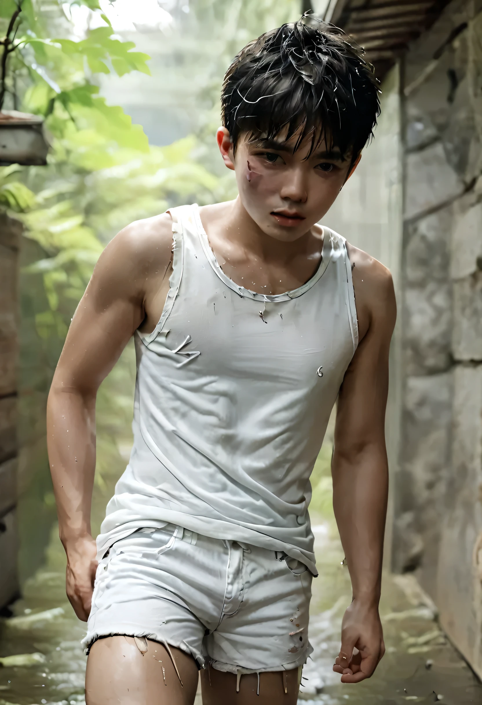 (highest quality, 4K, raw photograph, Fine:1.4), (A crying Japanese little boy with white short nylon shorts and white tank top:1.4), very handsome, Dirty with mush, very cute face, There is mud on it, torn white tank top, torn white short nylon shorts, ragged white clothed, soak, full body shot:1.5
