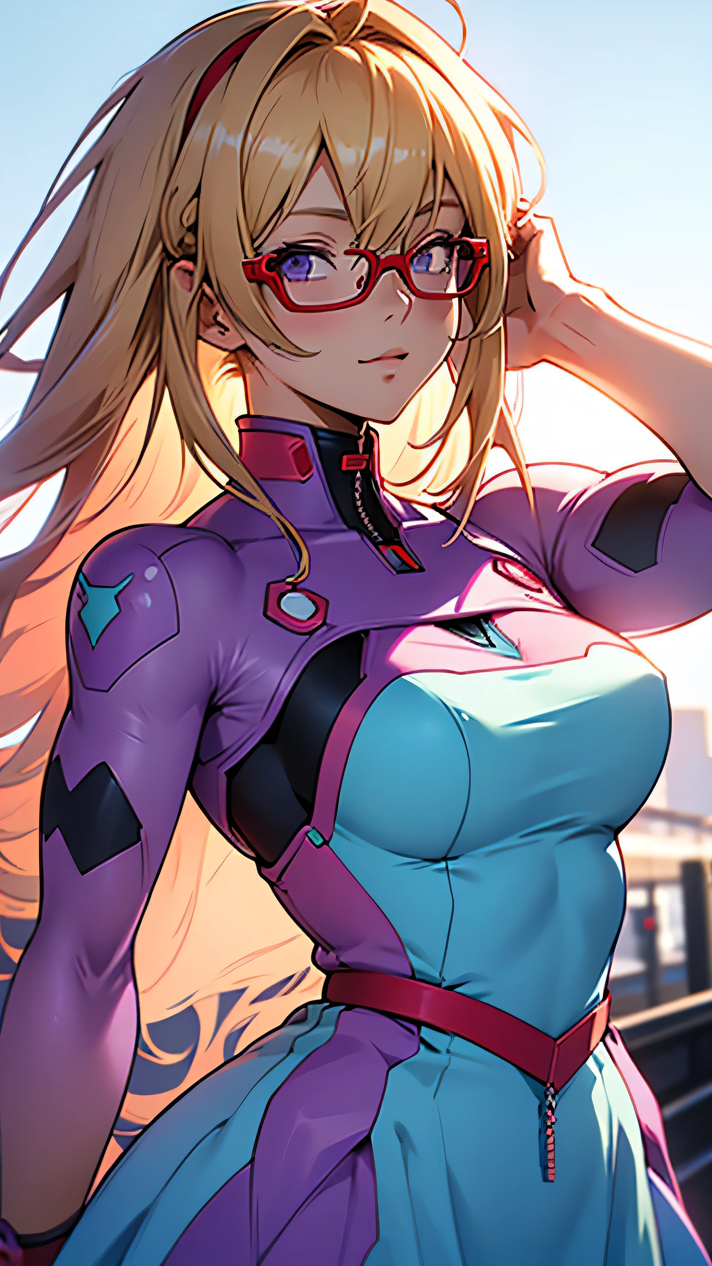 anime,An illustration,purple robot,Mobile Suit,Dom,Light blue check dress,Red glasses,Blonde,Light blue mesh hair,beautiful girl,Sora Sakurano,one person