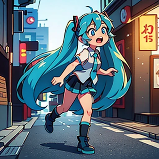 best quality,4k,8k,highres,masterpiece:1.2),ultra-detailed,(realistic,photorealistic,photo-realistic:1.37),1girl,beautiful detailed eyes,beautiful detailed lips,extremely detailed eyes and face,long eyelashes,hatsune miku,open mouth,blue eyes,red hair ribbons,long blue pigtails,blue tie,short black skirt,singing,,grey vest,walking through japan,neon lights,blue boots,city lights,night view,shining streets,energetic atmosphere,colorful buildings