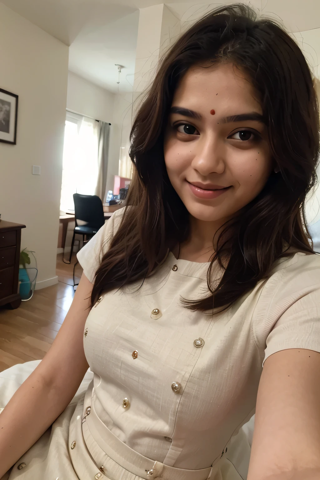 ((best quality)), ((masterpiece)), (detailed), perfect face a 21 year old slim beautiful Indian girl with long hair smiling face beautiful eyes wearing a Indian kurti dress sitting in her room selfie pic taken by herself with front camera