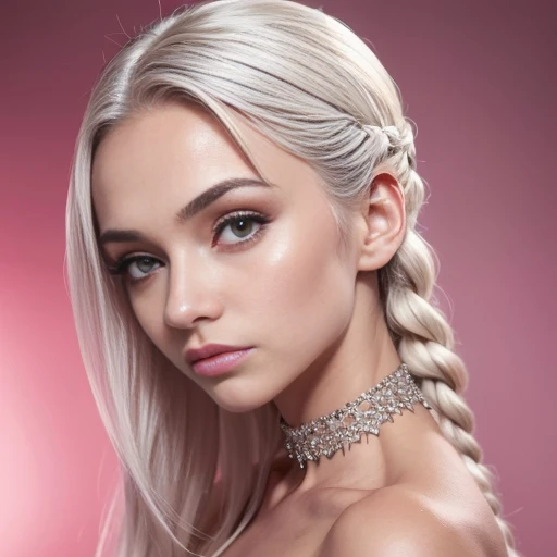 uma imagem de uma mulher jovem com cabelos platinados. Concentre-se principalmente no rosto, capturando cada detalhe delicado. Make sure that her face is perfectly symmetrical and that her skin is flawless, without any visible imperfections. Os cabelos platinados, com dredlocks, They should shine with a healthy, dazzling look. A imagem deve ser um retrato de busto, with the model looking directly at the camera, Conveying confidence and beauty. Por favor, Pay attention to the smallest details, ensuring that this image is a visual representation of perfection."