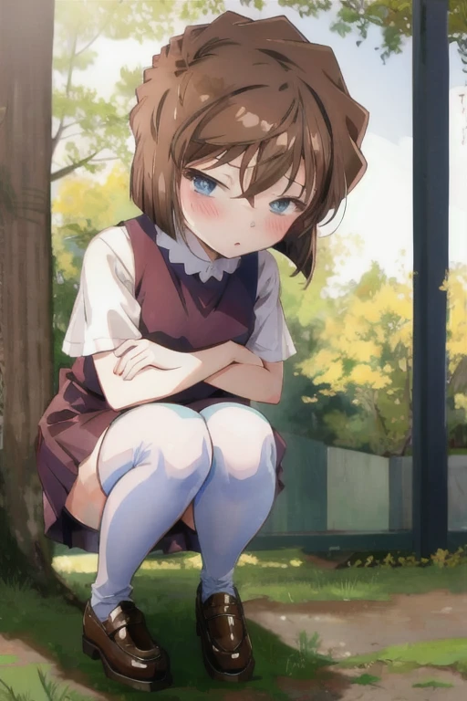 aihaibara, short hair, brown hair, bangs, hair between eyes, blue eyes, short dress, zettai_ryouiki, embarrassed, blush, squatting, forest 