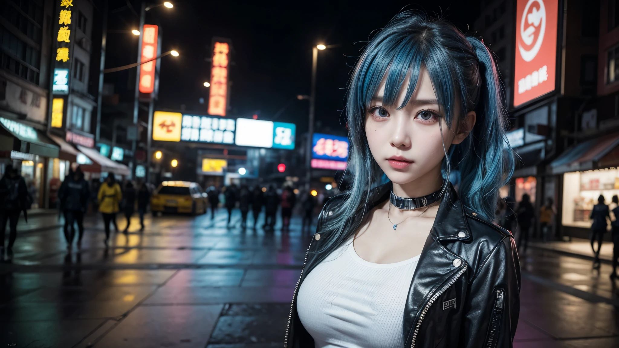there is a woman with a blue hair and a white top, anime girl cosplay, inspired by Leng Mei, photo of slim girl model, anime girl in real life, seductive anime girl, cyberpunk 2 0 y. o model girl, chinese girl, female cyberpunk anime girl, photo of slim girl, beautiful cyberpunk woman model, anime cosplay, cosplay photo, cosplay