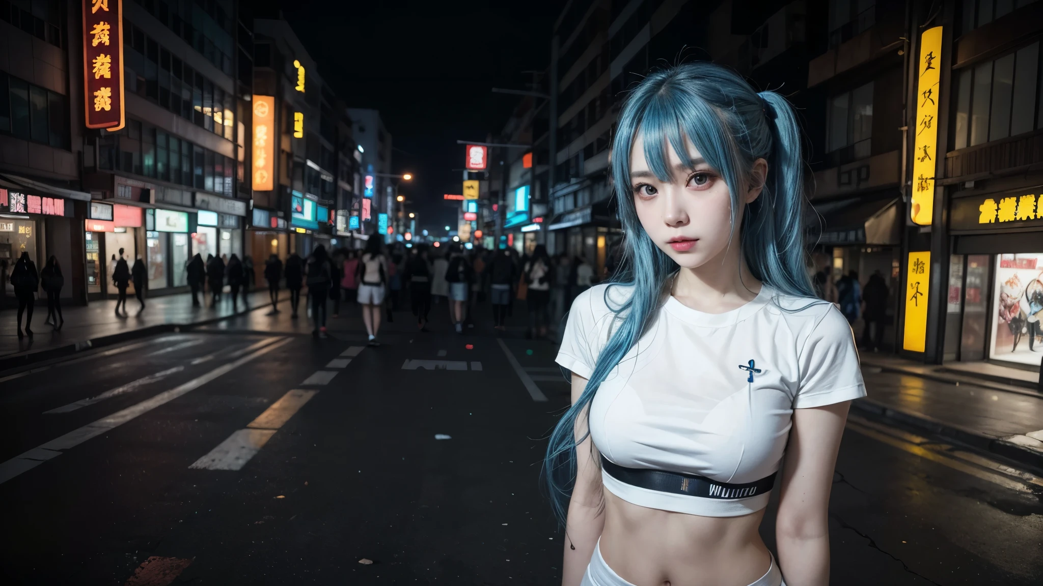 there is a woman with a blue hair and a white top, anime girl cosplay, inspired by Leng Mei, photo of slim girl model, anime girl in real life, seductive anime girl, cyberpunk 2 0 y. o model girl, chinese girl, female cyberpunk anime girl, photo of slim girl, beautiful cyberpunk woman model, anime cosplay, cosplay photo, cosplay