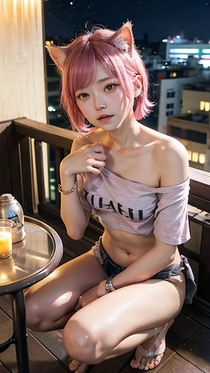 Balcony of an old Japanese apartment、Starry Sky、Night Sky、Squat、ashtray、can of beer、Pink Shorthair、Cat ear、Off-the-shoulder T-shirt、Only one shoulder is exposed、Navel exposed、barefoot