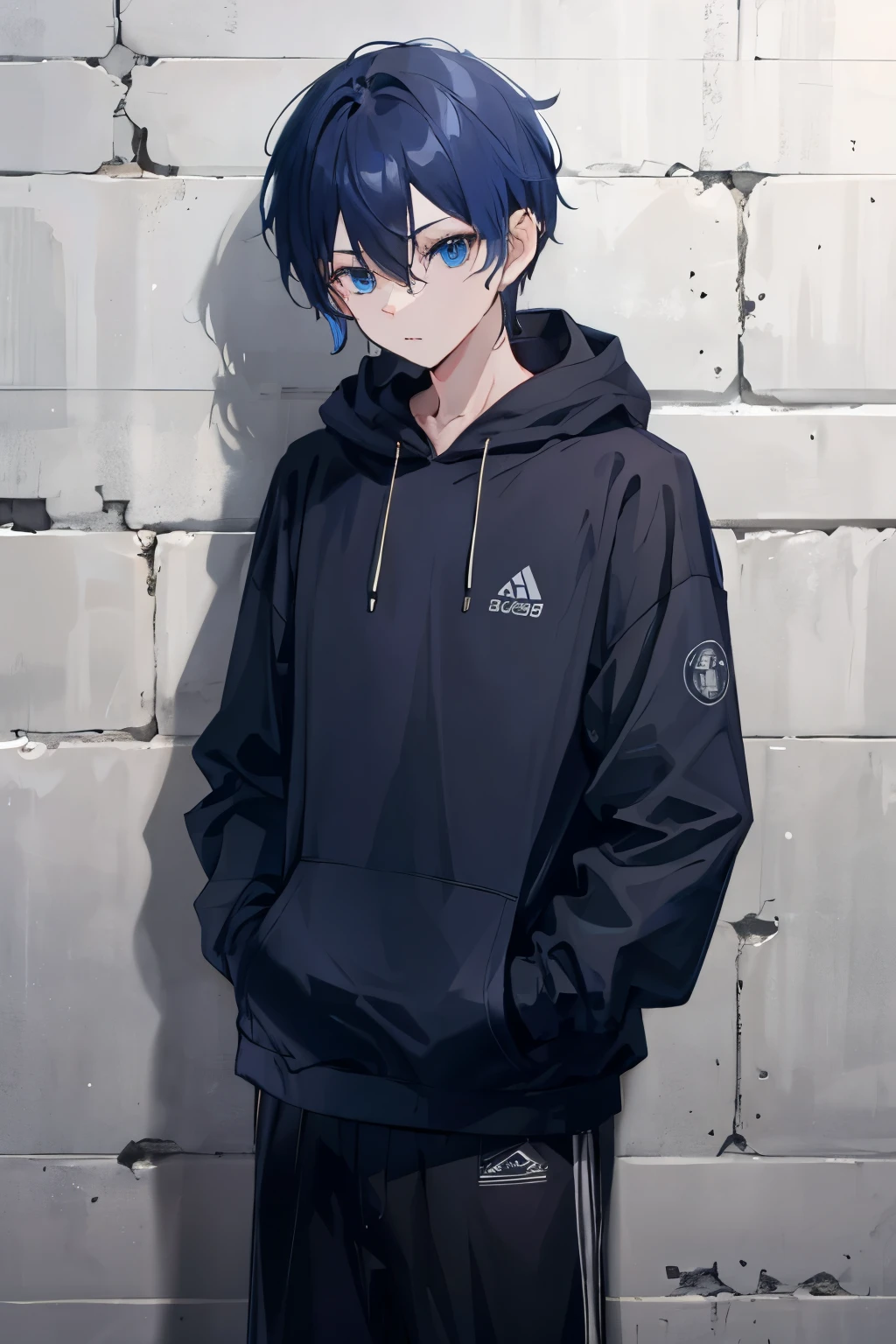 boy、♂、Dark blue hair（dark）、Handsome、cool、Slit eyeash Hair、
Wearing a black hoodie、Leaning against the wall、