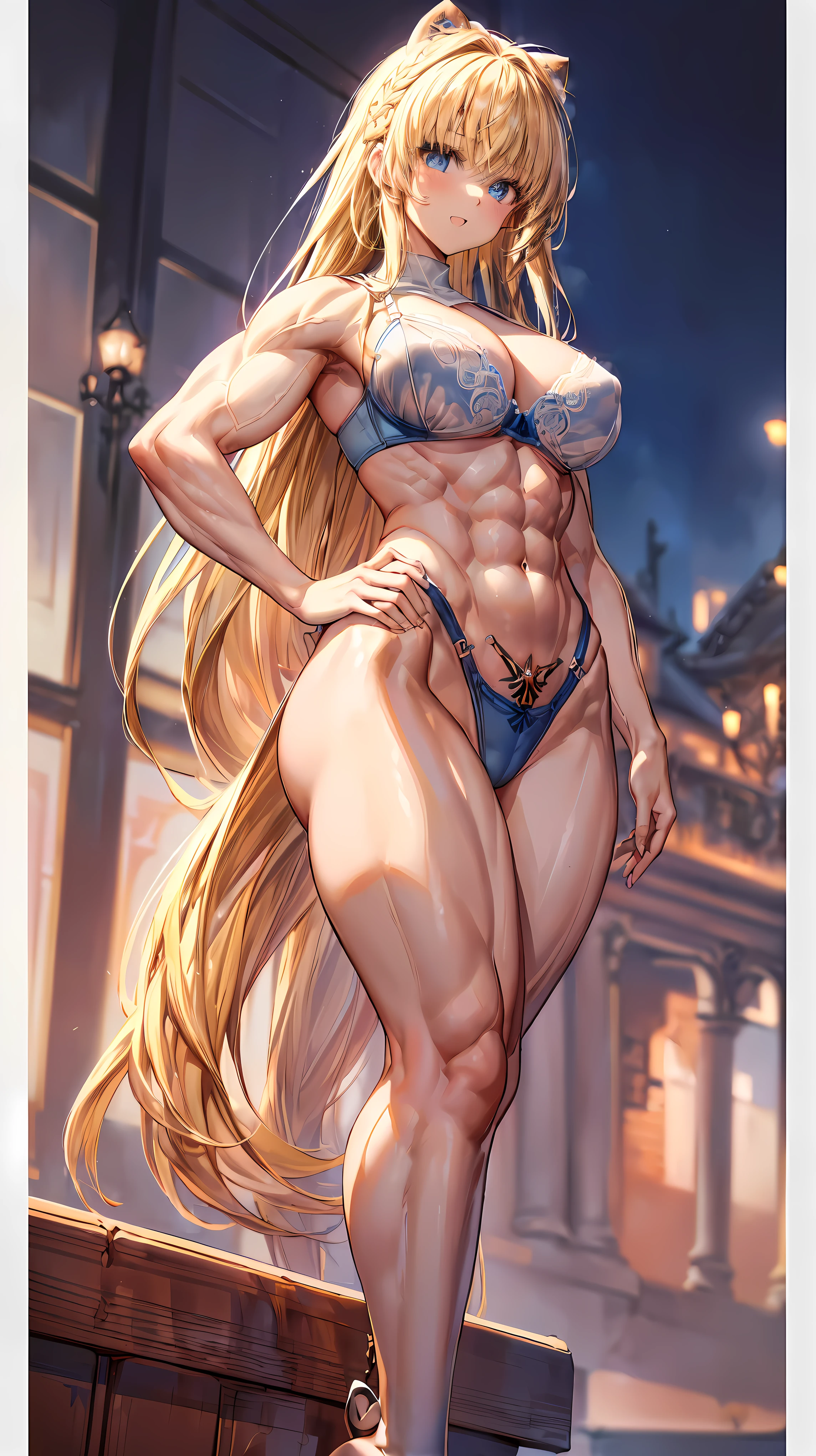 Very detailed、highest quality、Best image quality、masterpiece、8k、Anime Face、A kind smile、(Open your mouth:1.3)、Sparkling blue eyes、(Blonde semi-long hair:1.5)、(Muscles of the whole body:1.3)、(highleg:2.0)、Thigh belt、(Cowboy Shot:1.5)、(SFW Giant)、(Thick body:1.2)、(bra:1.5)、(sxspnts)、(Hands on hips:1.1)