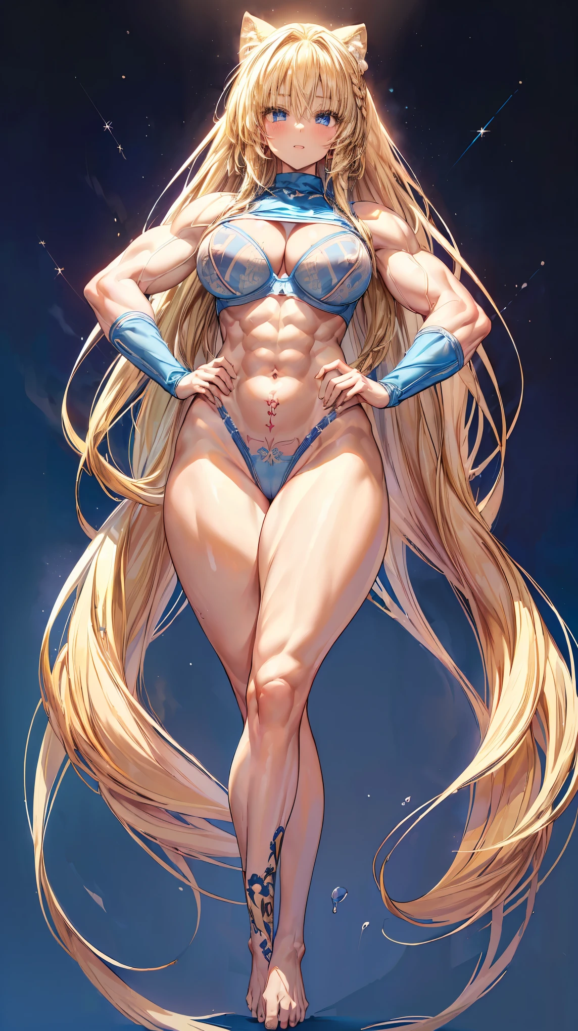 Very detailed、highest quality、Best image quality、masterpiece、8k、Anime Face、A kind smile、(Open your mouth:1.3)、Sparkling blue eyes、(Blonde semi-long hair:1.5)、(Muscles of the whole body:1.3)、(highleg:2.0)、Thigh belt、(Cowboy Shot:1.5)、(SFW Giant)、(Thick body:1.2)、(bra:1.5)、(sxspnts)、(Hands on hips:1.1)