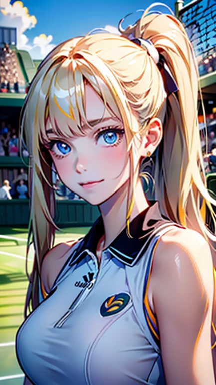 Best quality , masterpiece, Portrait、、Bright expression、ponytail、Young, shiny, white, glossy skin、Gloss Face、Shining Cheek Gloss、Small Face Beauty、The best beauty、The dazzling light of blonde hair、Bright blonde hair with dazzling highlights、Very beautiful shiny light blonde hair、super long silky straight hair、Her shiny, beautiful bangs are covering her eyes.、Sparkling, clear, attractive, bright, large, pale blue eyes、Very big eyes、eyeliner、very beautiful lovely cute 16 year old girl、Ample Bust, upper body , smile , ((((tennis uniform, Wimbledon ))))