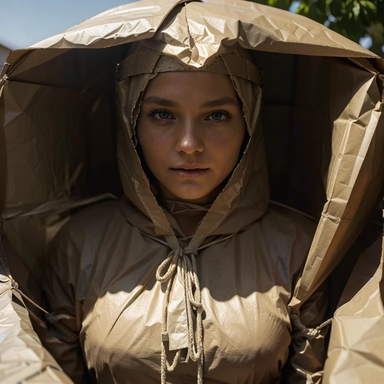 a stunningly beautiful blond woman, wearing a makeshift protection suit made of brown paper garbage bags, tightly tied up with rope, mummified with brown packaging paper, like a helpless human package, loving it, bright day, close-up, photo