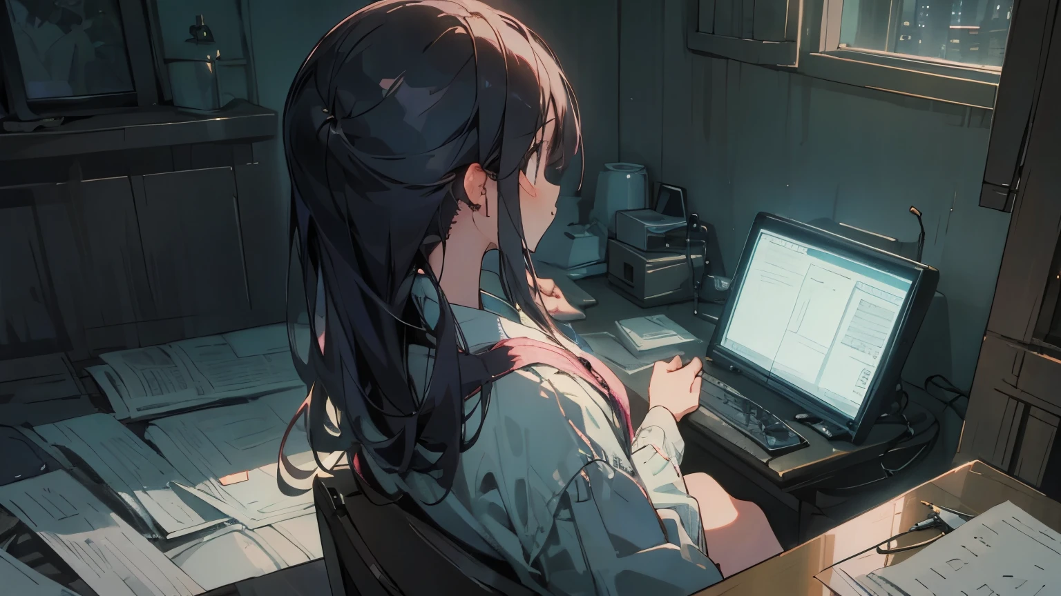 1 girl, 90s anime style, night, Studio Room, 都会のnight景、Girl wearing headphones, late night room, Listening to music alone, City Pop, high quality, Detailed finger shapes、Natural finger shape、Lo-Fi, Chill, late night, Single room, Dark Room, futuristic night view outside the window, Dark Room