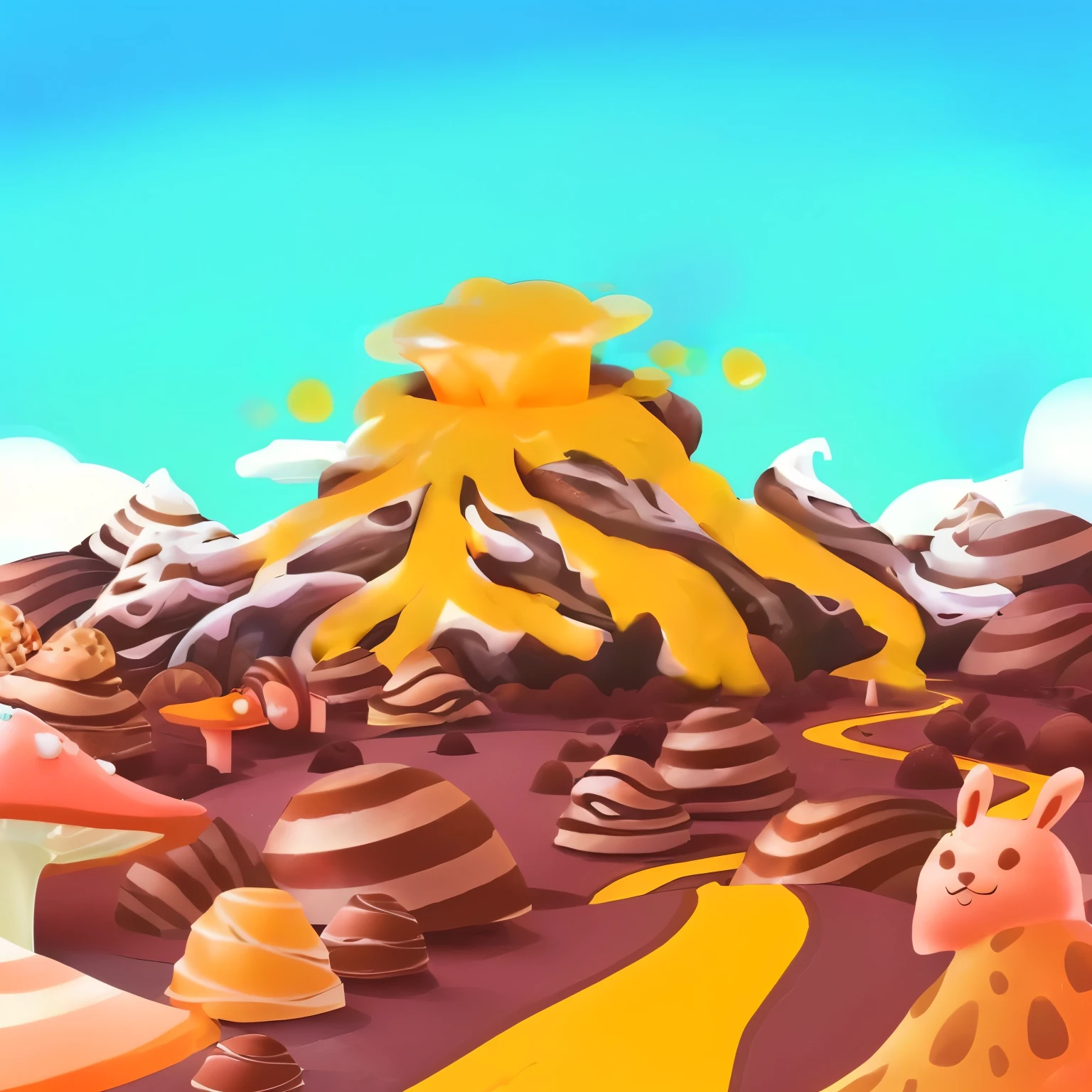 There is a cartoon,A mountain in the background, mobile Game Background, Candy Forest, mountains of ice cream, Mobile Game Art, volcano background, game illustration, background technologywork, 🐿🍸🍋, background technology, 2. 5D Illustration, mobile game asset, Fantasy Desert Crystal Island, Game Background, Stylized digital illustration, volcano