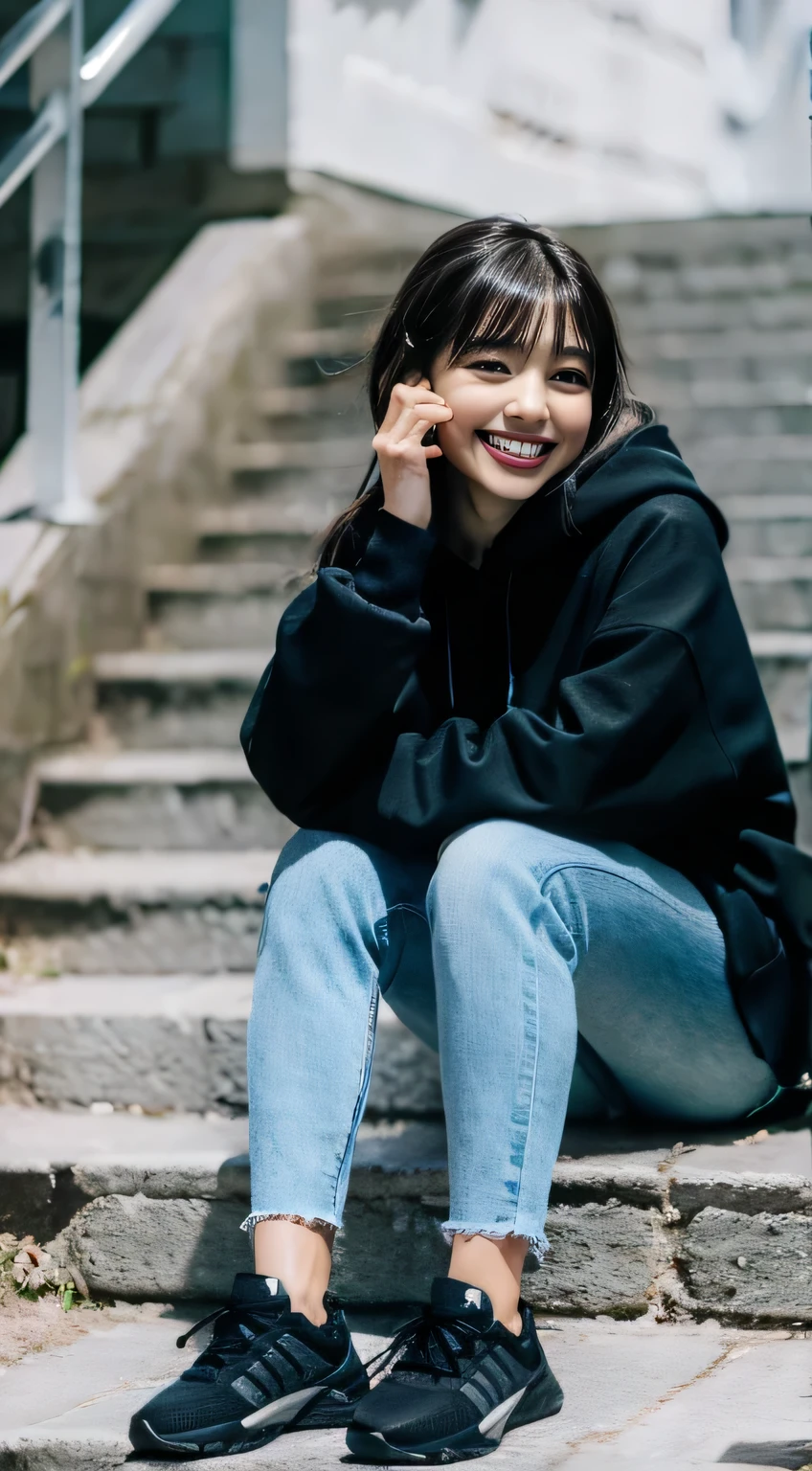 highest quality, Realistic, Very detailed, Finer details, High resolution, 8k wallpaper, One beautiful woman,Sit on the stairs、（Wear black socks）smile、（Beautiful teeth alignment、）（Gums are visible） Oversized hoodie, Skinny jeans,（ Black sneakers）、Black Hair、 Beautiful Bangs、ear piercing、Perfect dynamic composition, Beautiful and detailed, Full Body Shot, A big smile

