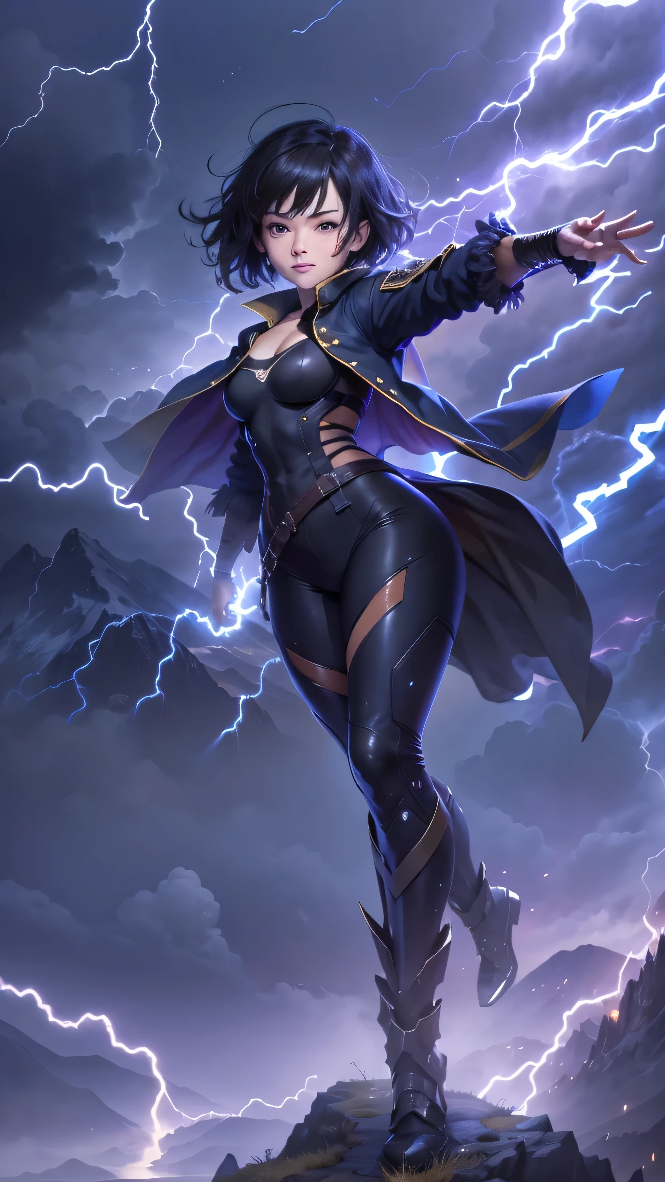 1girl, highly detailed, masterpiece, best quality, correct hands, small breasts, short black hair, short hair, blue eyes, black robe, black pants, purple shirt, blue vest, defined curves, smug smile, mountain background, storm, lightning, stormy atmosphere, flying, floating above the ground, surrounded by lightning, static sparks, holding a sword