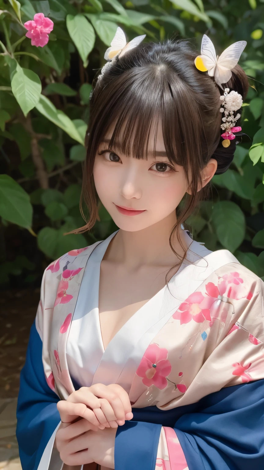 portrait, highest quality, ((Professional photos, RAW Photos)), Insanely Real, Very delicate and beautiful, Ultra-high resolution, Realistic lighting and shading, A geisha wearing a butterfly in her hair and a kimono. Numerous hair ornaments in her hair. Cute and colorful kimono. Numerous light objects in the shape of butterflies flying around., viewer's perspective , random cute pose , paw pose , face closeup