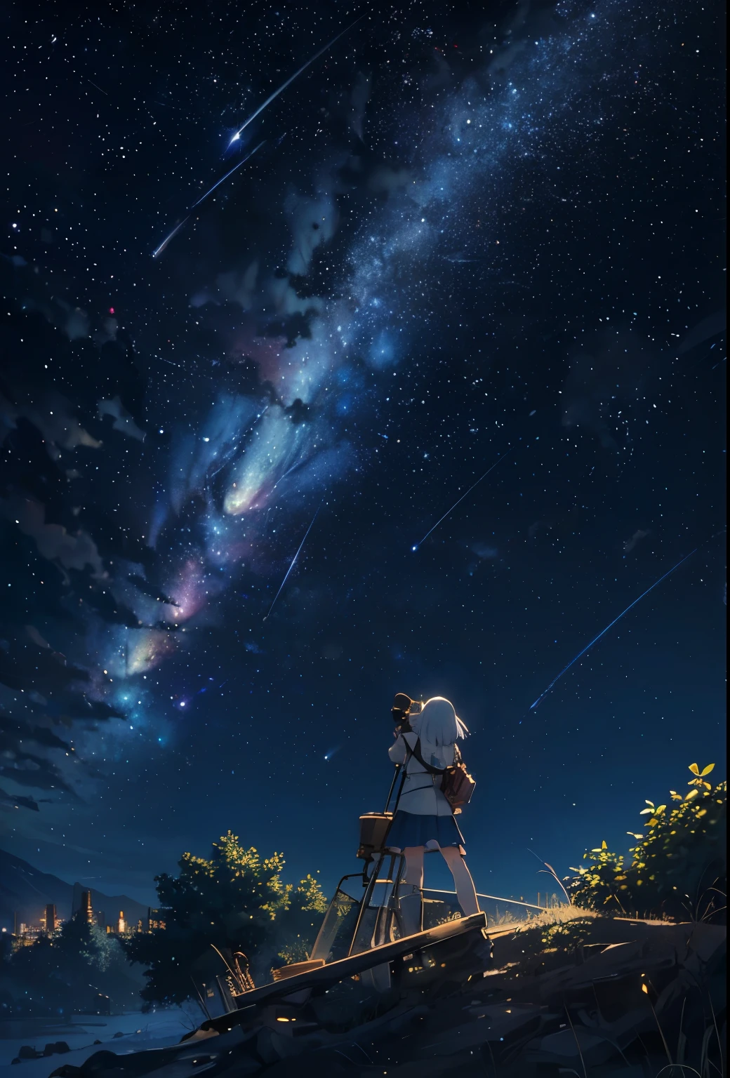 masterpiece, best quality, extremely detailed, anime, Girl, night sky, starry sky, many stars, ((comet star)), telescope, astronomical observation,