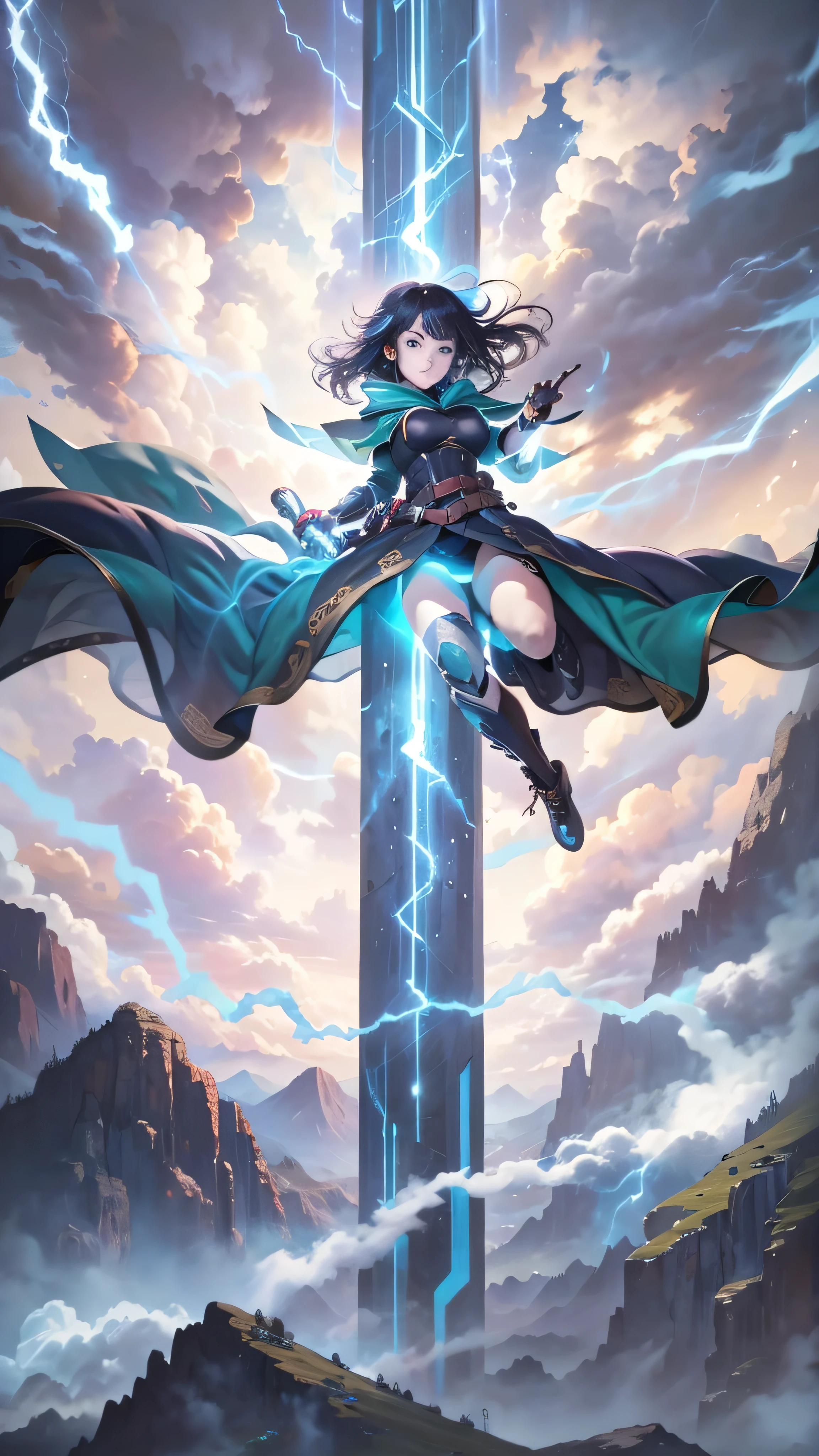 1girl, highly detailed, masterpiece, best quality, correct hands, small breasts, short black hair, short hair, blue eyes, black robe, black pants, purple shirt, blue vest, defined curves, smug smile, mountain background, storm, lightning, stormy atmosphere, flying, floating above the ground, surrounded by lightning, static sparks, holding a sword
