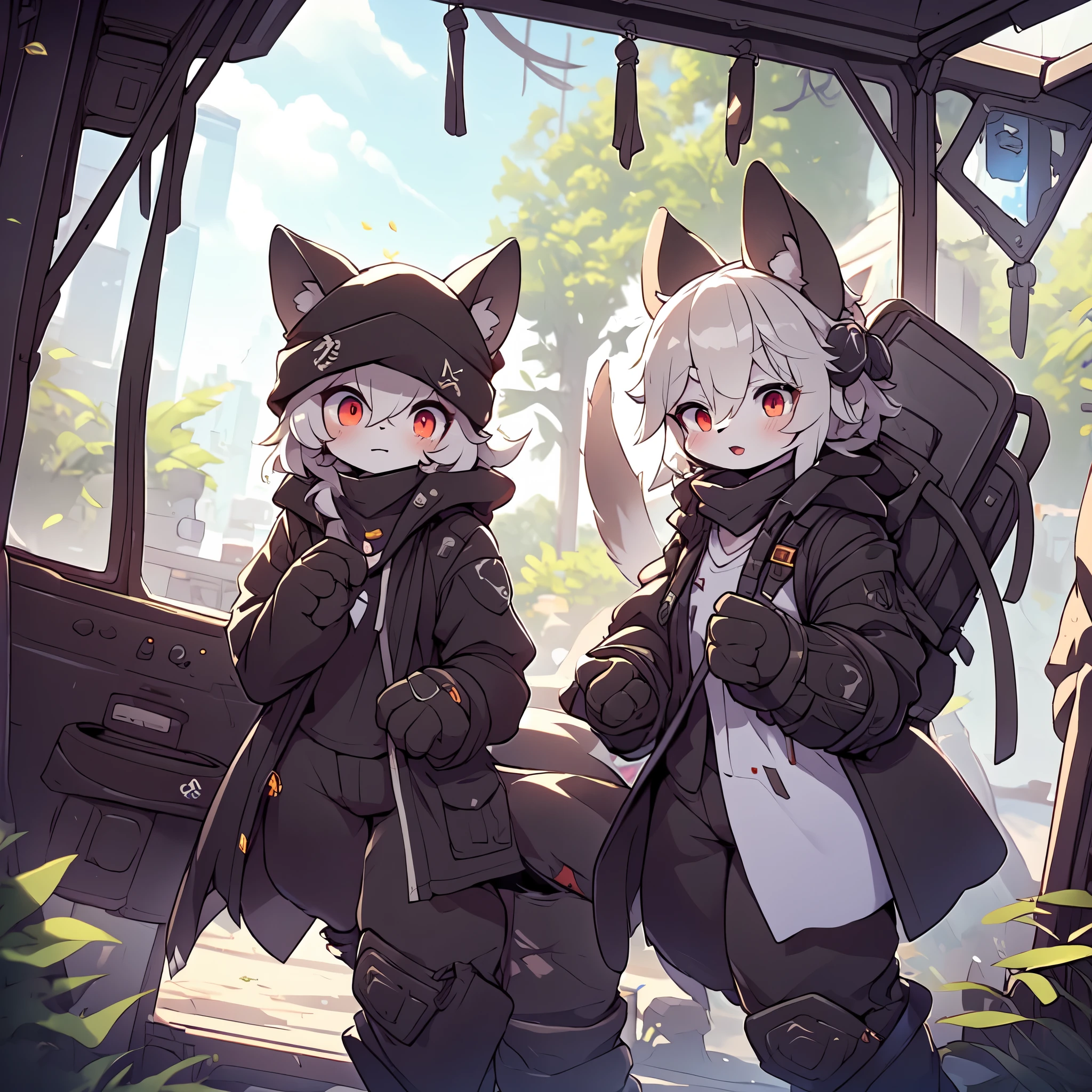 Kawaii, Striped Fluffy Fox, emaciated, long hair, 3girls, artificial synthetic skin, life support prosthetics, digital headphones, black tight latex bodysuit, white long dress, thigh-high-socks, shorts, loose off-the-shoulder hood open jacket, holsters in thigh, Mechanical boots, tactical knee pads, tactical belted loose Arm Sleeves, cybernetic Display gloves, chest rigs, tactical belts, blue archive halo, bulletproof goggles on forehead, from Ark nights, ray tracing, depth of field, bloom, masterpiece, ccurate, high details, highres