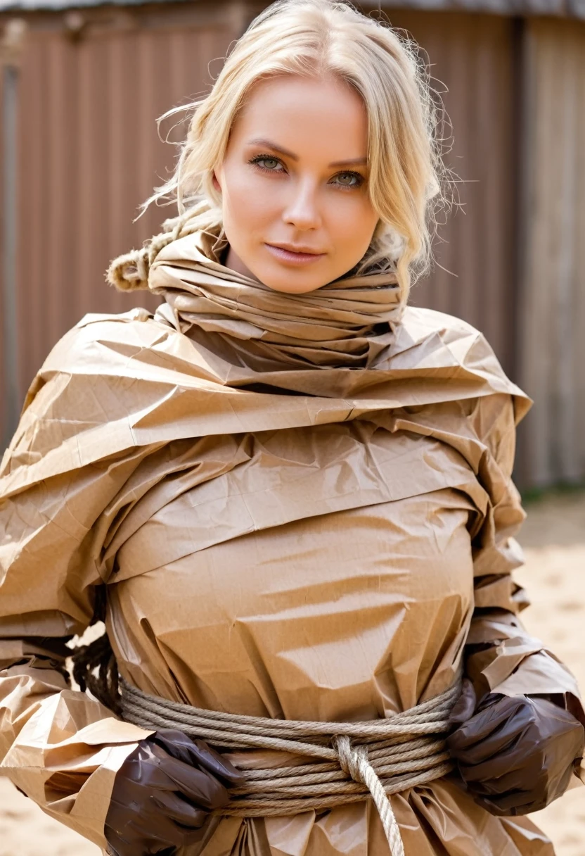 a stunningly beautiful blond woman, wearing a makeshift protection suit made of brown paper garbage bags, tightly tied up with rope, mummified with brown packaging paper, like a helpless human package, loving it, bright day, close-up, photo