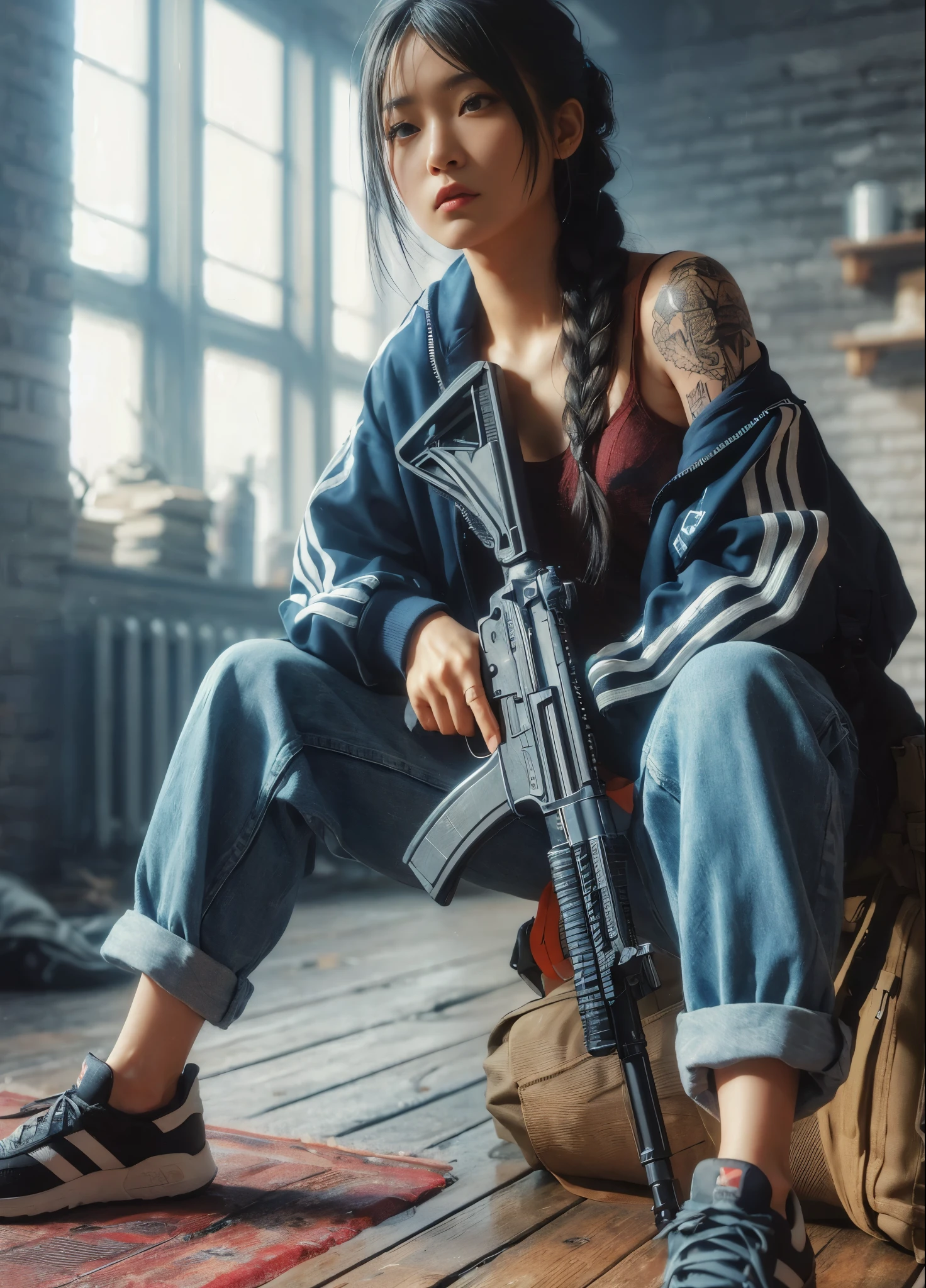 8K, realistic photo, realistic skin texture, Beautiful Japanese female vigilante living in America, A little bit into the future, 2050 AD, one braid, adidas track jacket, tactical backpack, torn denim pants, carrying a rifle on shoulder, graffitied old apartment, sneakers, cyberpunk, Dynamic pose, Tattoo, Innovative composition, standing with legs apart