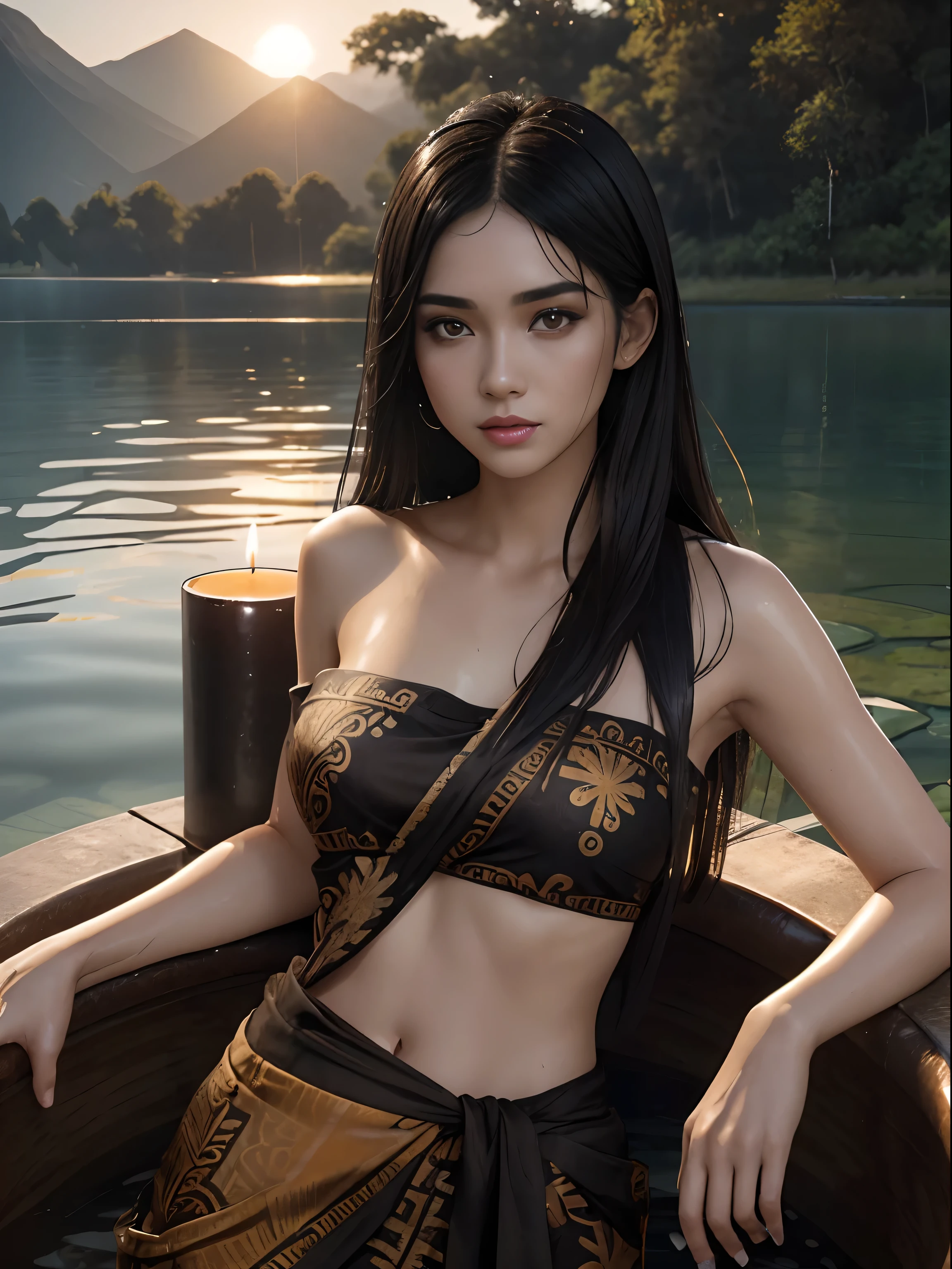 (A beautiful 25 years old female model bathing in the lake:1.6), (long black hair:1.2), (pale skin, detailed oily and sweaty skin:1.2), (wearing brown and black tube top style sarong dress with batik ornate:1.6), (candle-lit lake at night background:1.2), (sexy pose:1.2), (chiaroscuro lighting), photo realism, intricate face detail, intricate hand details, highly detailed, vibrant colors, cinematic, 8k, trending on Artstation--style raw